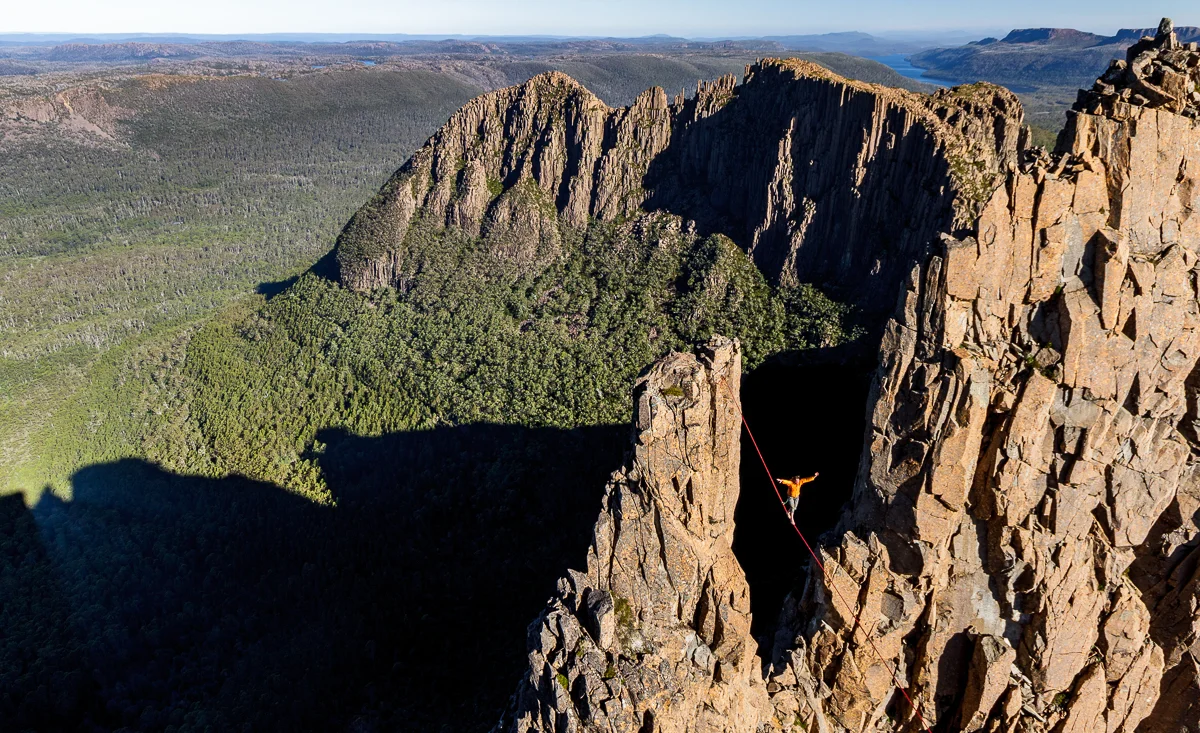 Stepan on The Book of Laughter and Forgetting, the first highline on Mt Geryon. Simon Madden