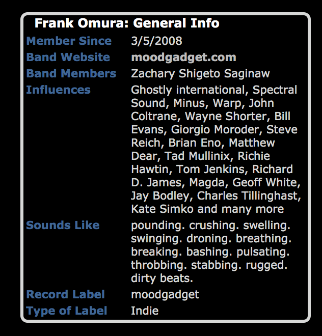 Screenshot of the Frank Omura MySpace, late 2008