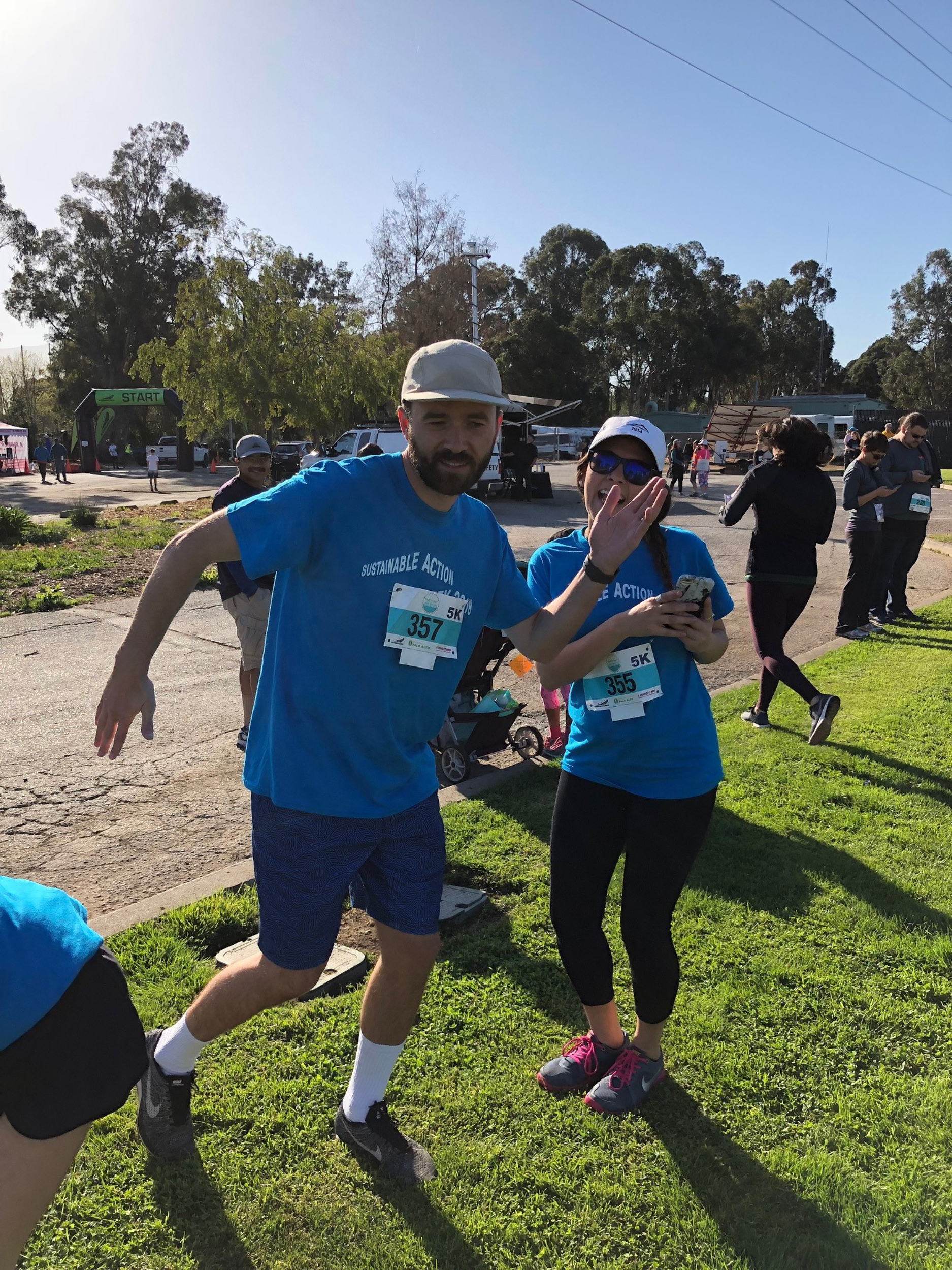 Miles and Paula warm up for the Great Race for Saving Water 5K