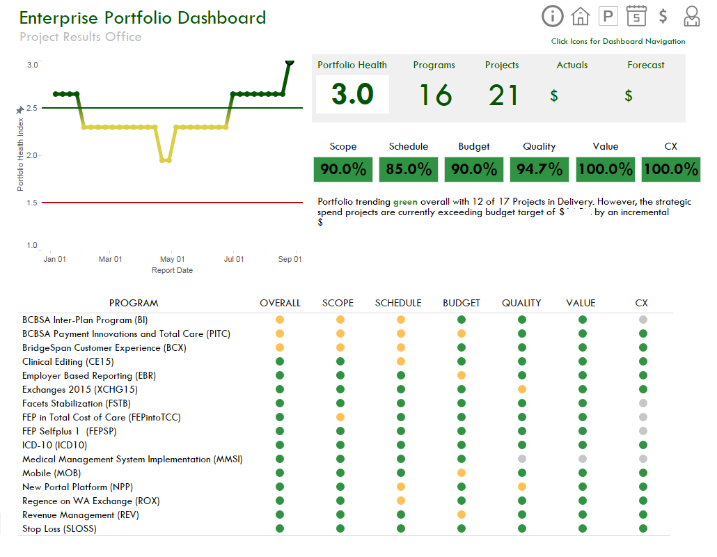 Portfolio Overview: High level information on the portfolio status as well as individual project status; ability to select a project to view more information.