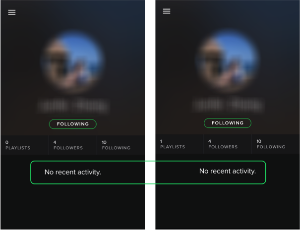 No recent activity is shown, despite the friend creating a new playlist