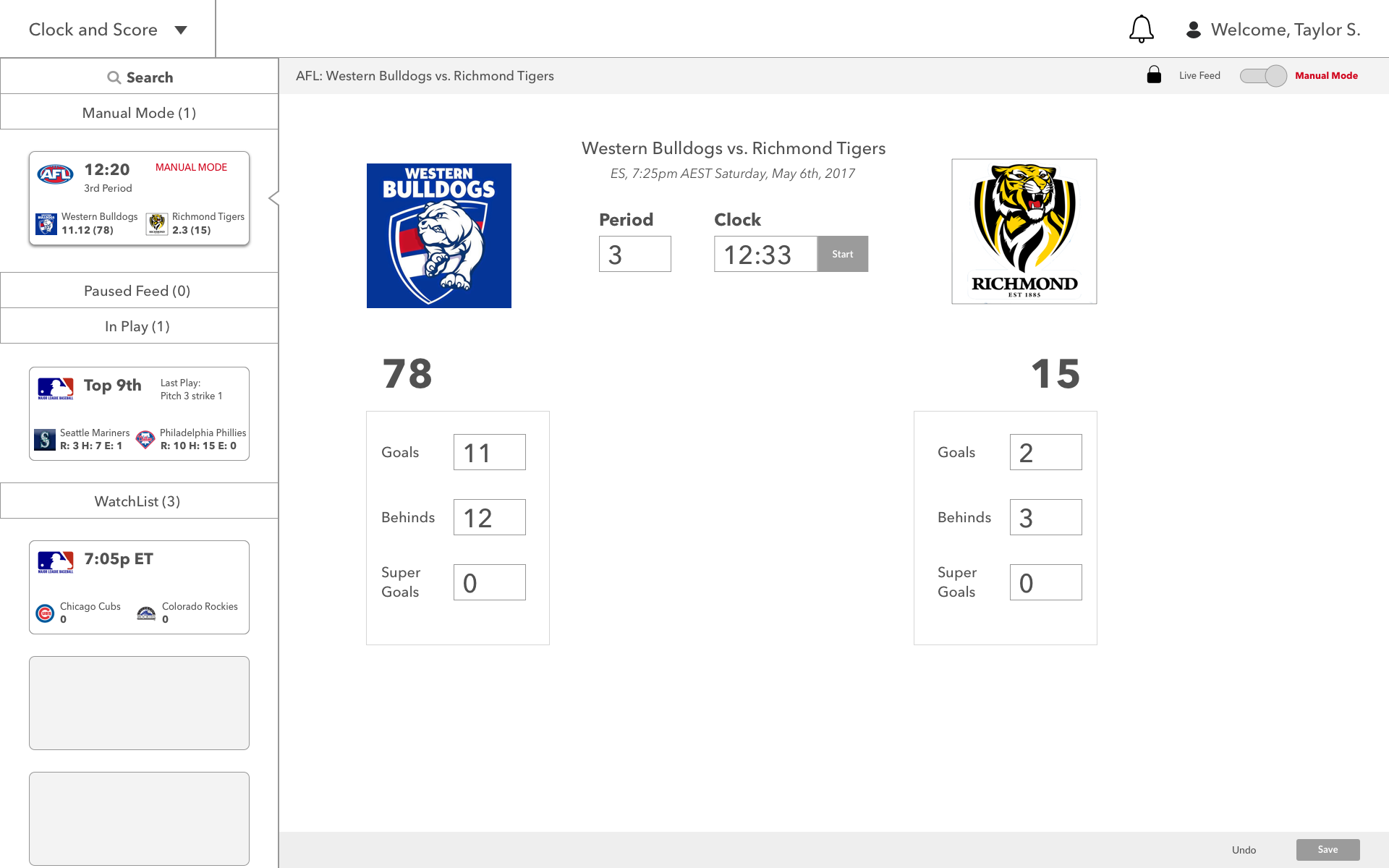 Example of Manual mode when the Game Feed is down