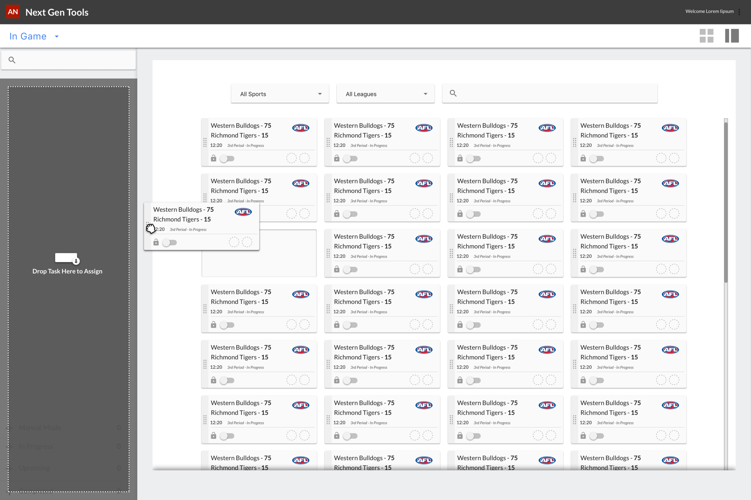 Search Screen. To assign a game to yourself, you drag the game to your Watch List. Clicking on the circles allows you to assign others if you have Manager permissions.
