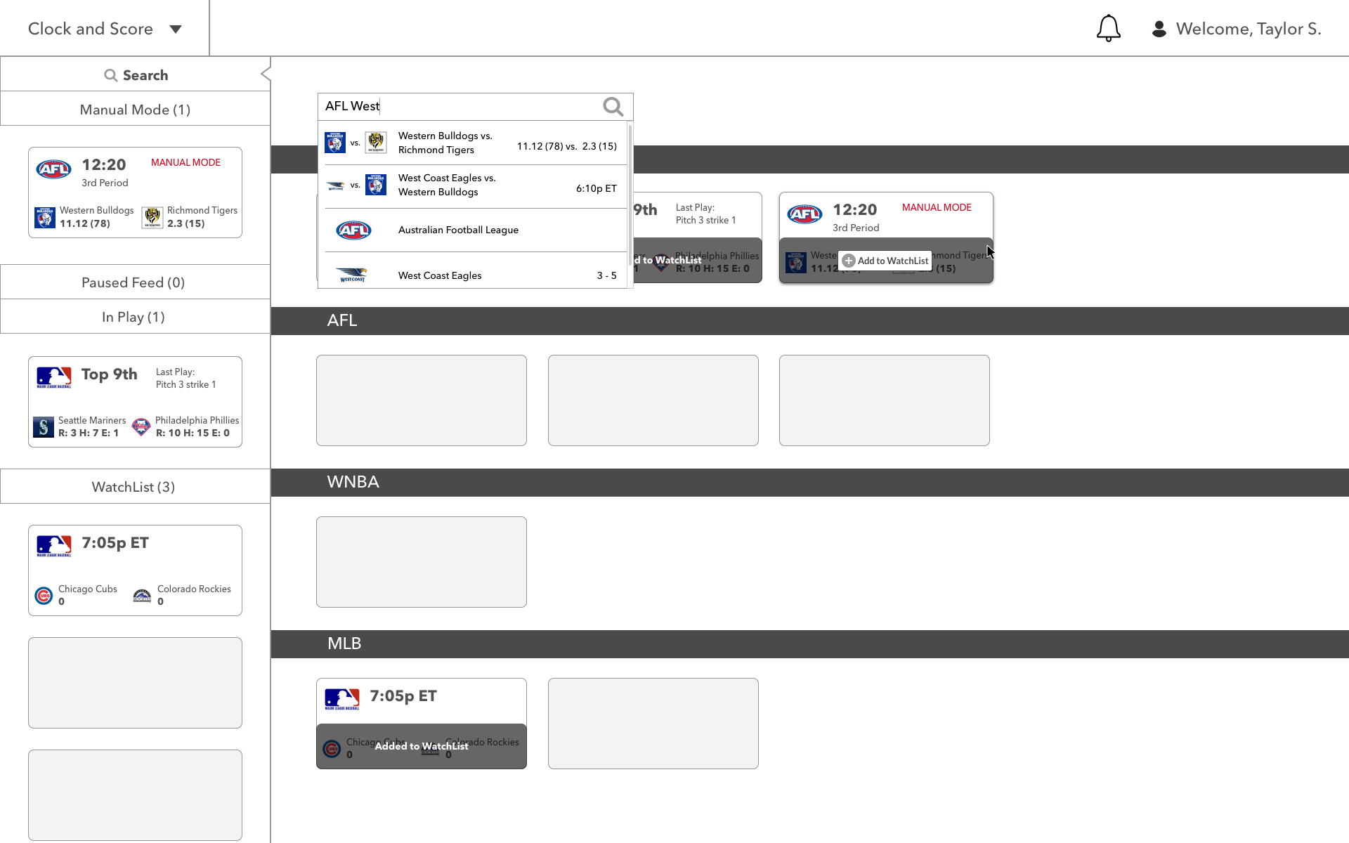 Search screen to find and add a game to your Watch List