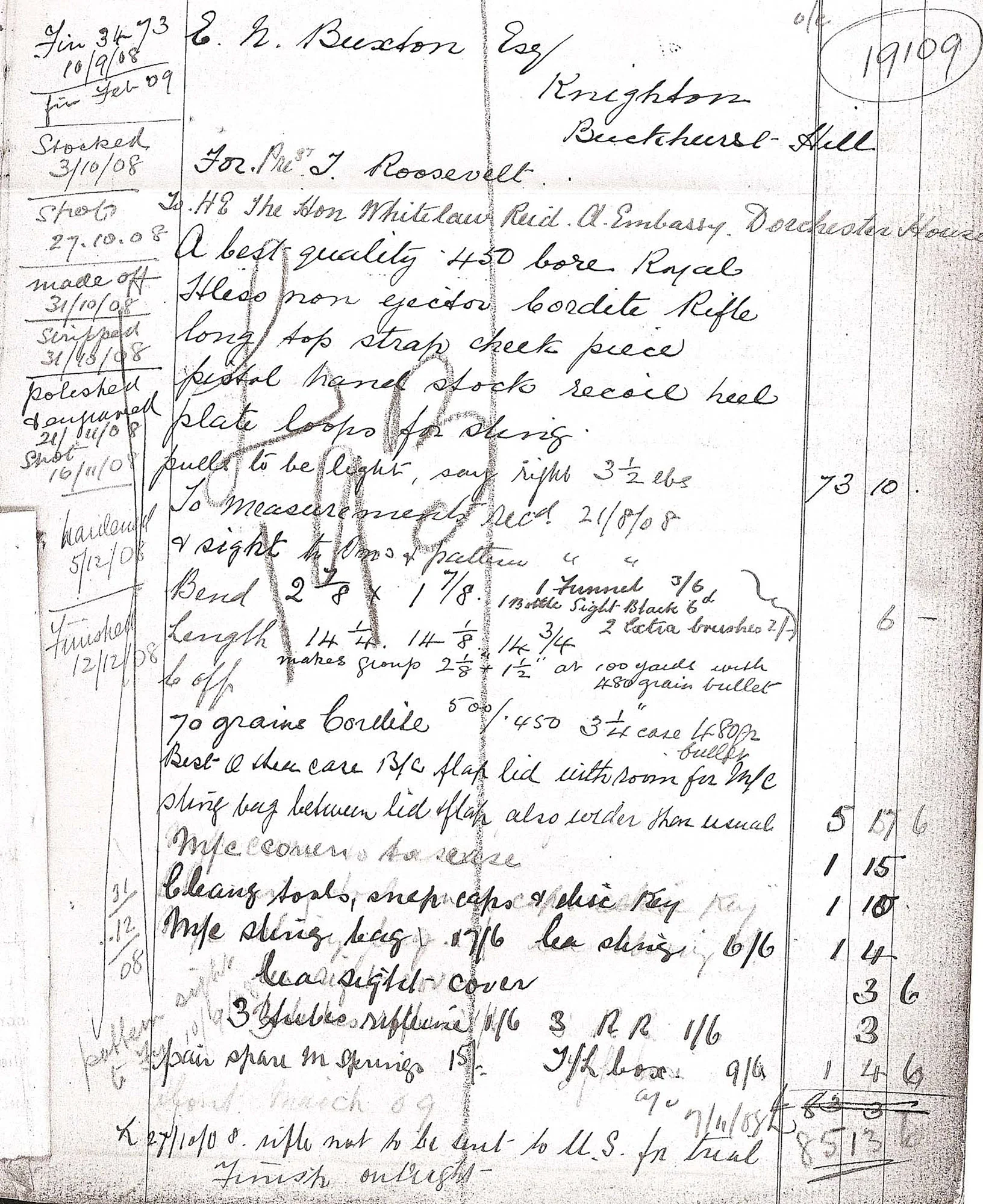 Day book entries for no. 19109, the royal hammerless rifle made for Theodore Roosevelt. The rifle, plus accoutrements, cost around £85 in 1909.