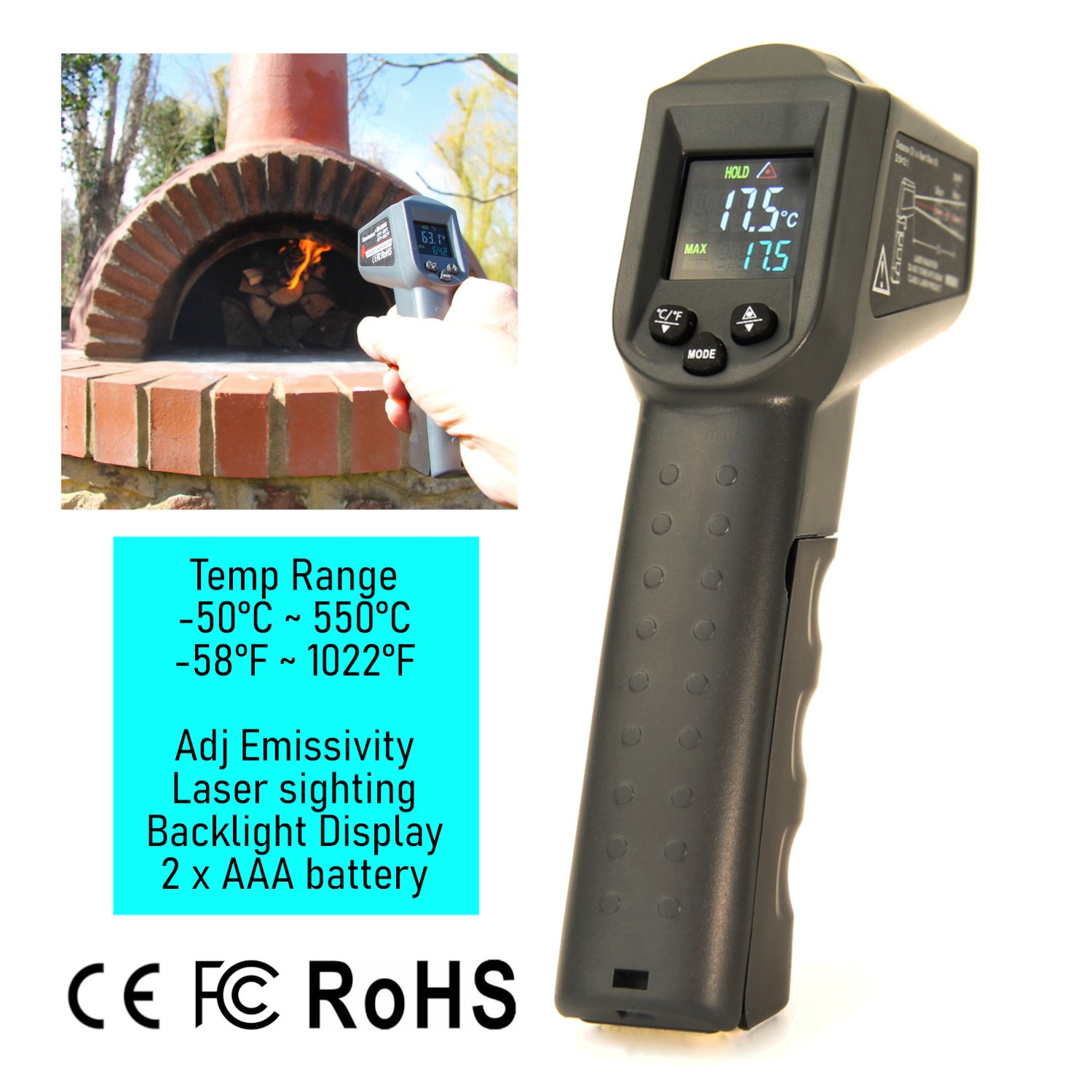 LCD Infrared Thermometer Temperature Gun Laser IR Cooking Oven Pizza  -50°C-550°C