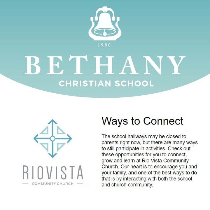 Check out these opportunities for you to connect, grow and learn at Rio Vista Community Church.

Visit riovistachurch.com to register and learn more information!

We'll see you there!

#bethanychristianschool #BCS #rvcc #riovistachurch #alpha #thepar