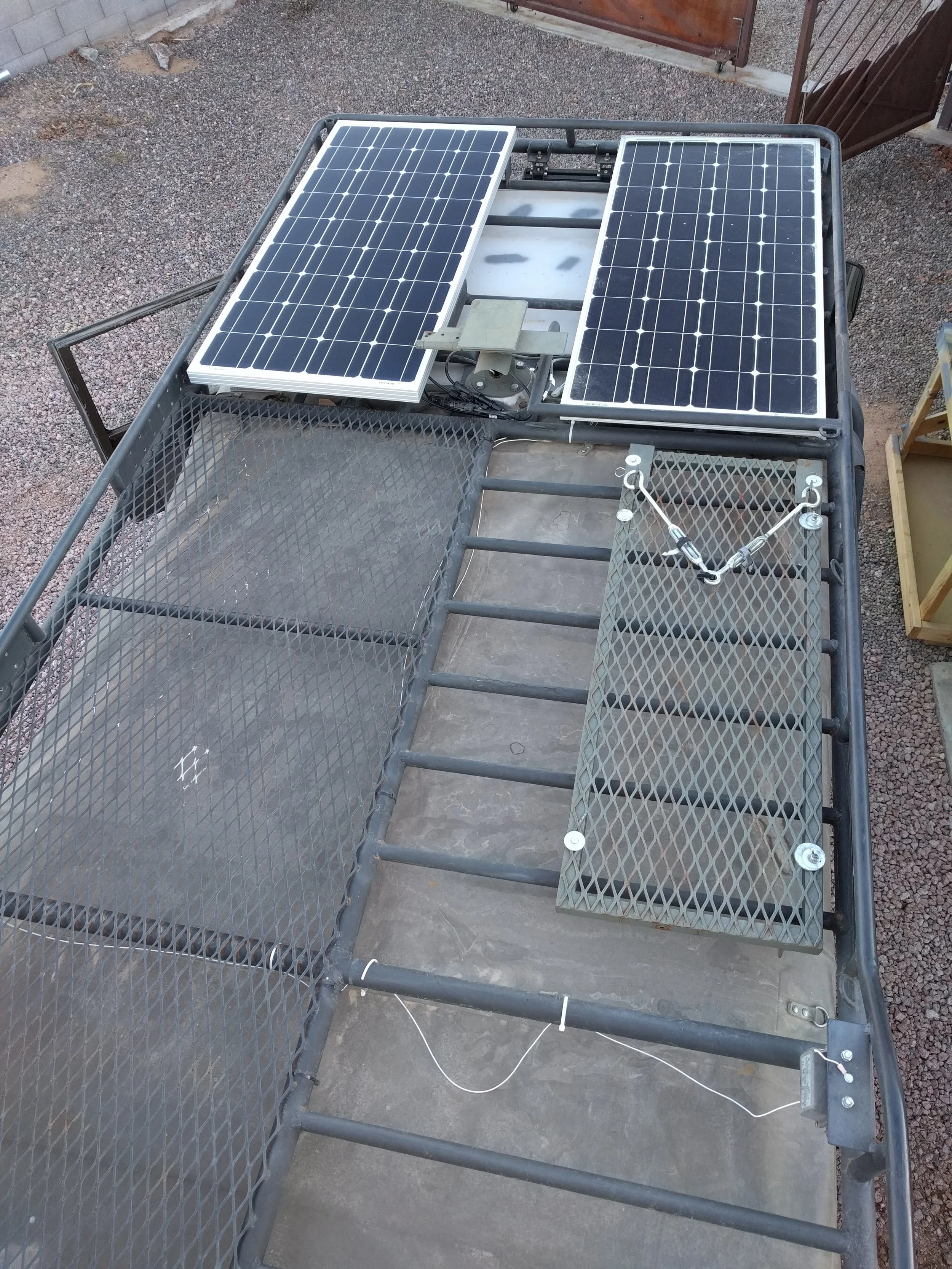 Top of roof rack showing 2-100watt solar panels.