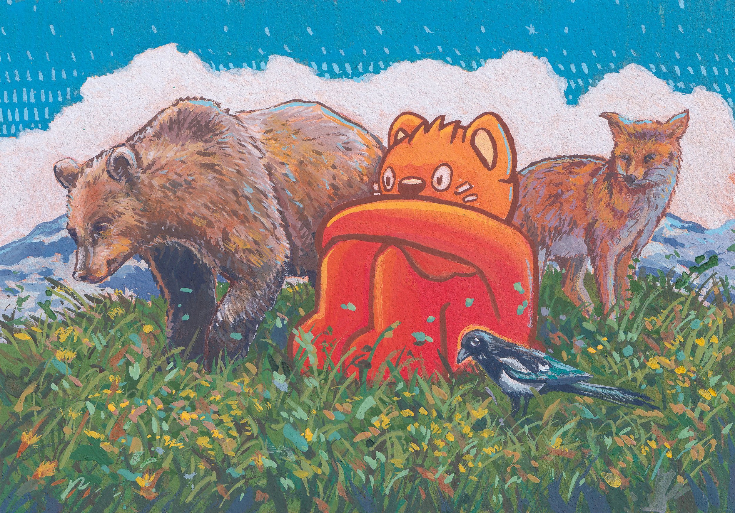 Colorful painting of a bear, a cat, and a fox standing on grassy terrain with mountains in the background and a blue sky.