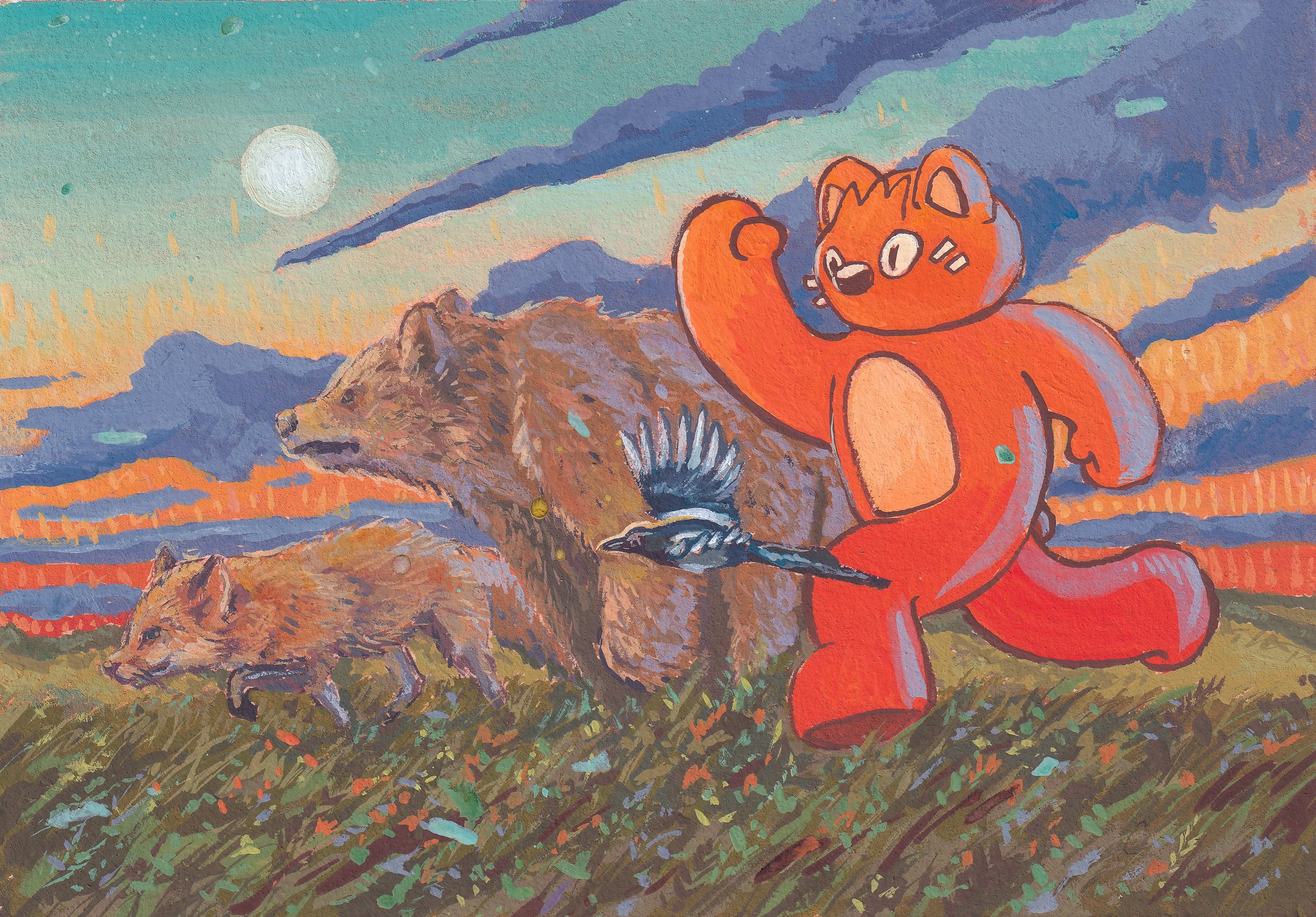 Painting of a sunset or sunrise landscape with mountains, a wolf, and a cartoon-style orange cat with a raised paw and the word 'MEOW' on its head.