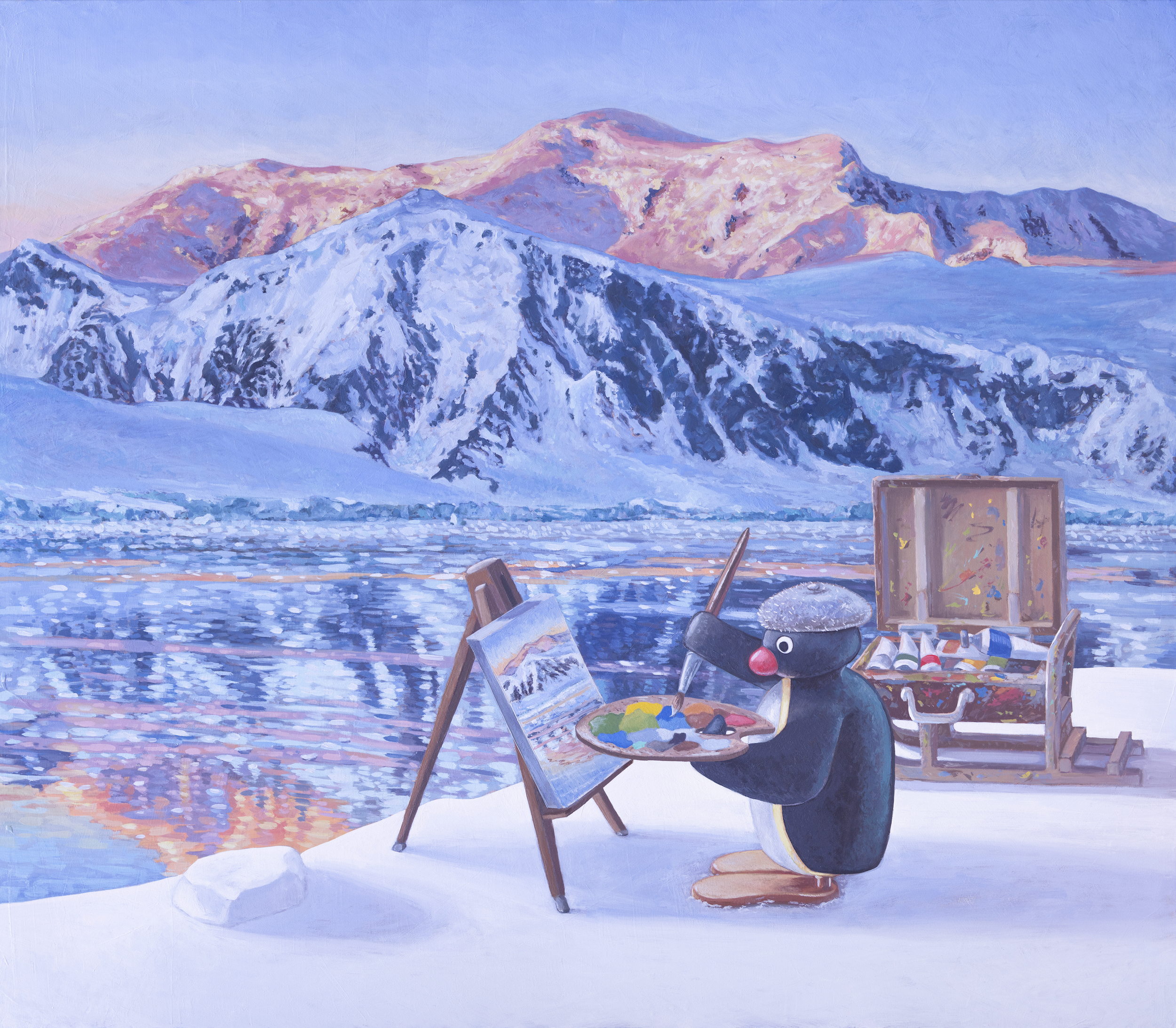 Painting of snow-capped mountains at sunset with artist's easel, palette, and tools in the foreground.