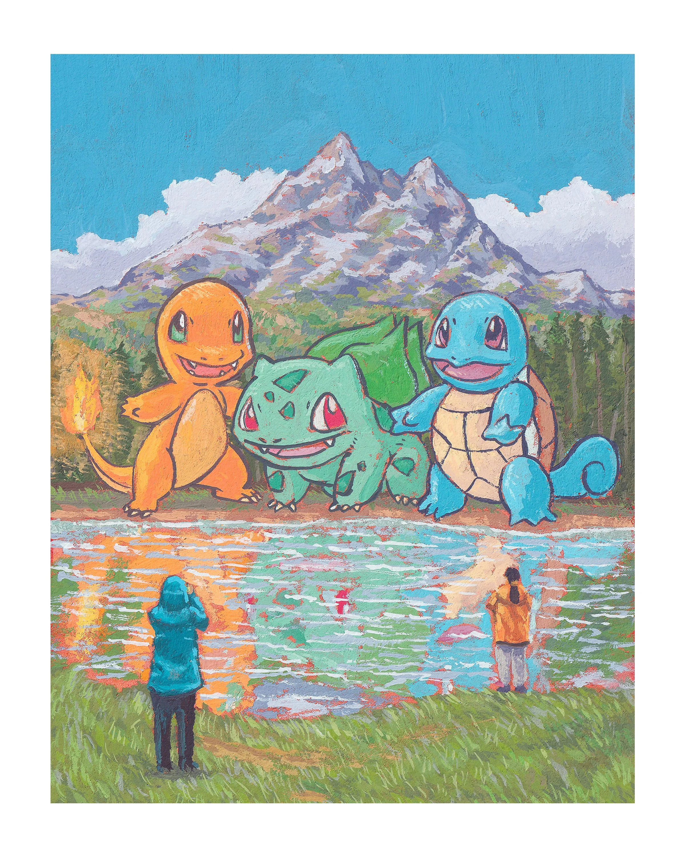 Colorful painted scene of Charmander, Bulbasaur, and Squirtle Pokémon standing in front of a mountain with a lake reflecting the sky, with two people taking photos.