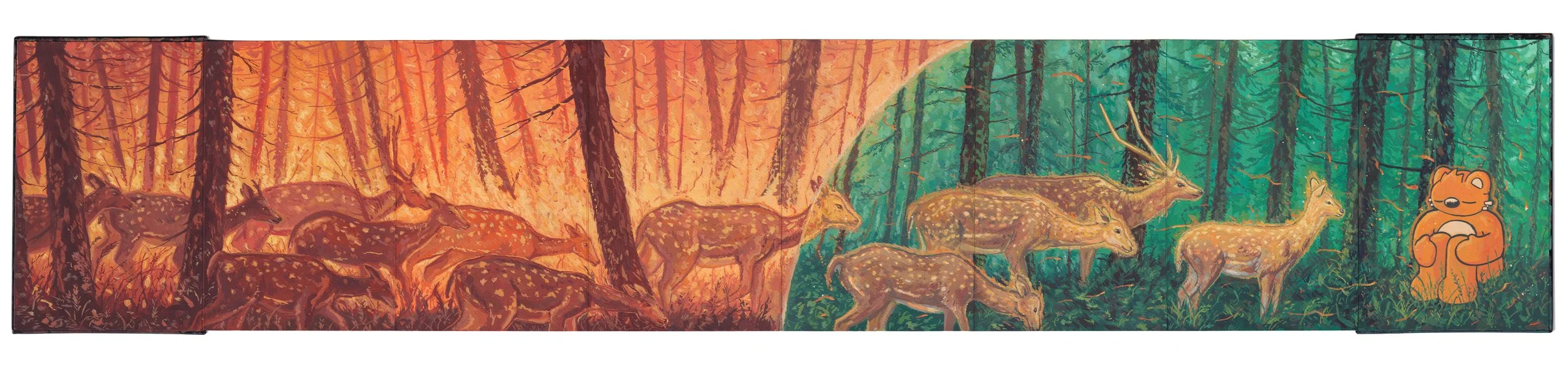 A colorful mural depicting a forest scene with deer and a bear in a cartoon style.