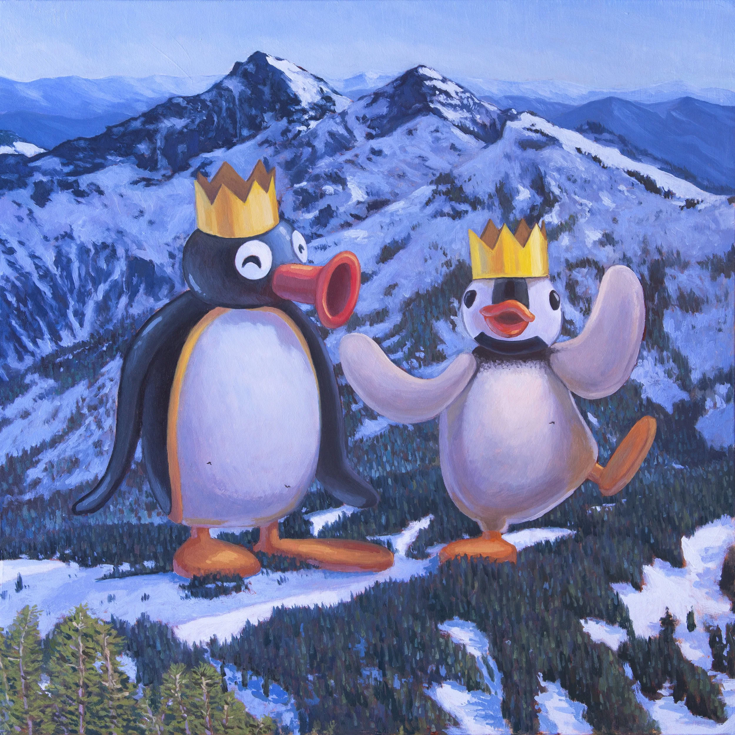 Painted landscape of snow-capped mountains and green forest, with cartoon penguin characters wearing crowns in the foreground.