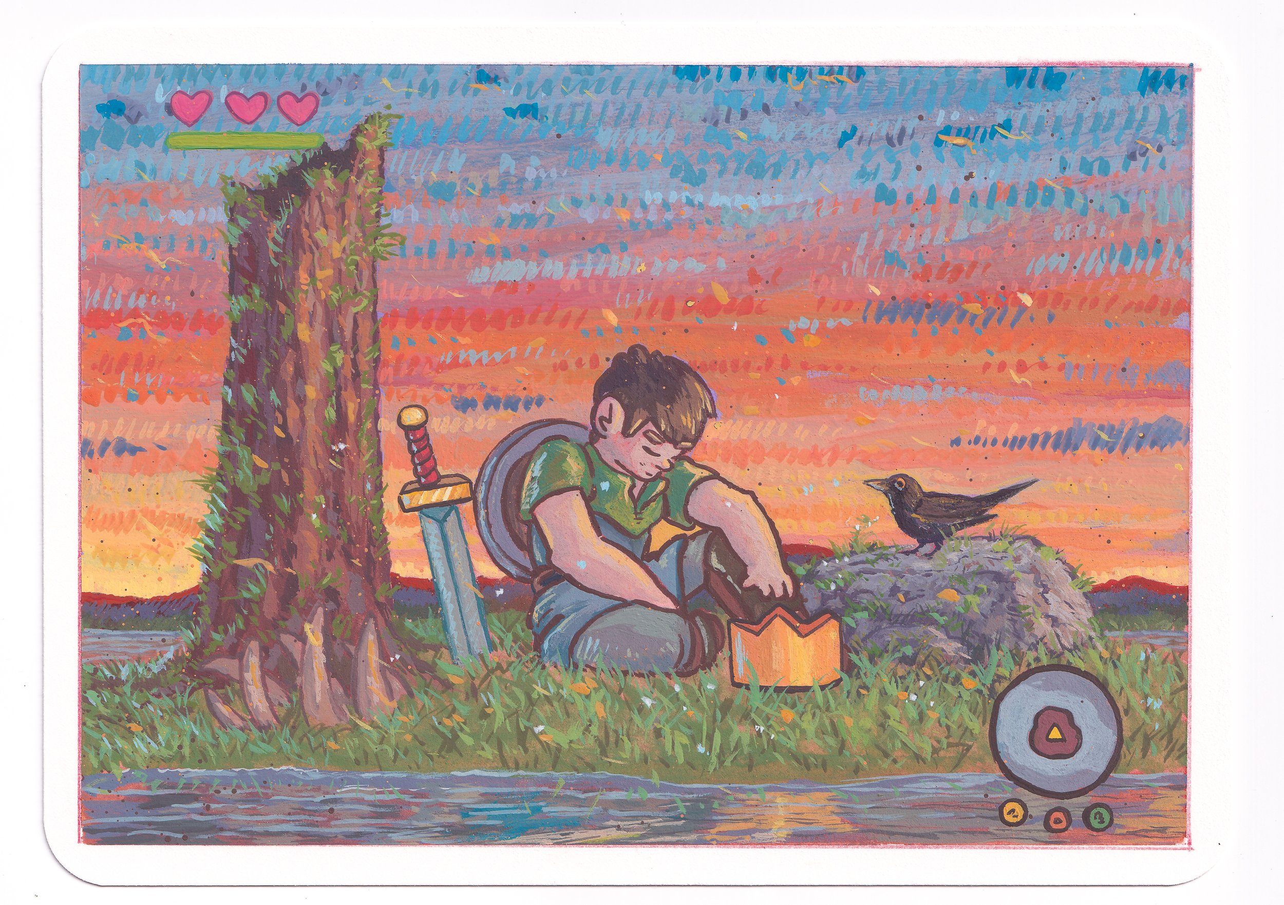 A colorful hand-painted illustration of a shirtless young boy sitting on the ground near a tree with a sword on his back, a bird in front of him, and a sunset sky in the background. There are three pink hearts above the tree and a circular emblem wit
