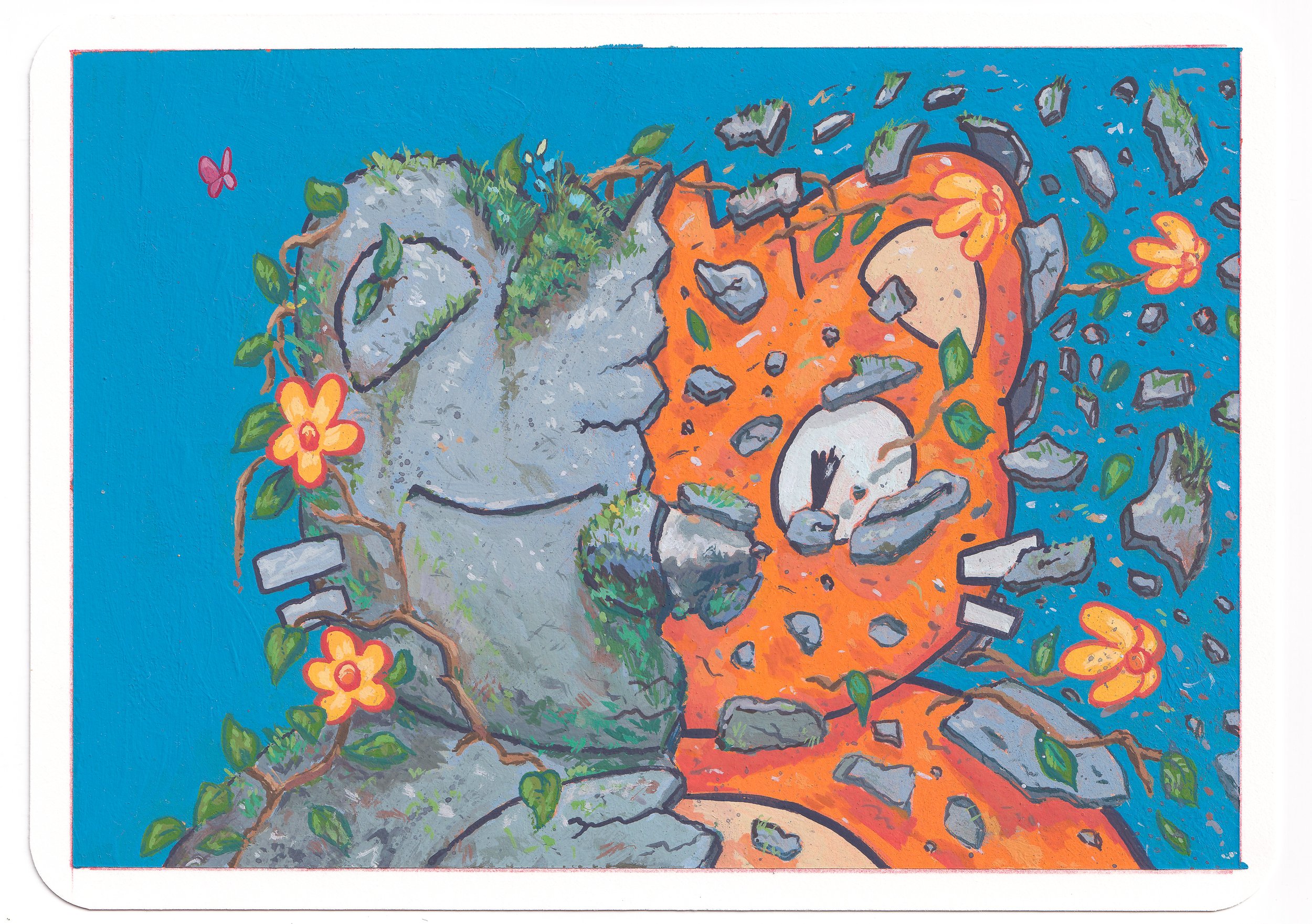 Painting of a dog with orange fur and white face, surrounded by rocks, green plants, and yellow flowers, set against a blue background.