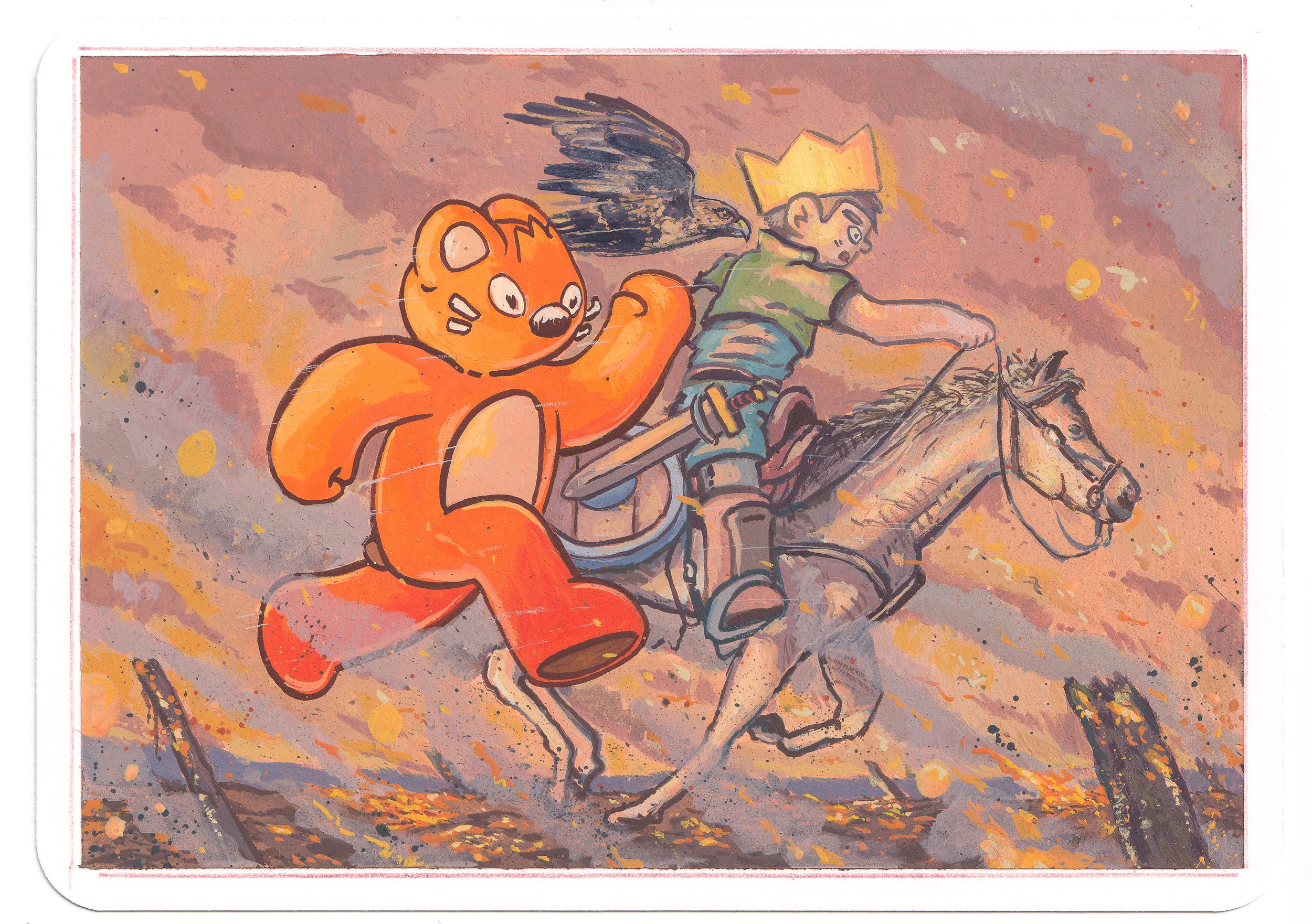A colorful illustration of a boy riding a bicycle with a bear mascot, with a large bird flying above, set against a pink and orange sky with abstract splashes and splatters.