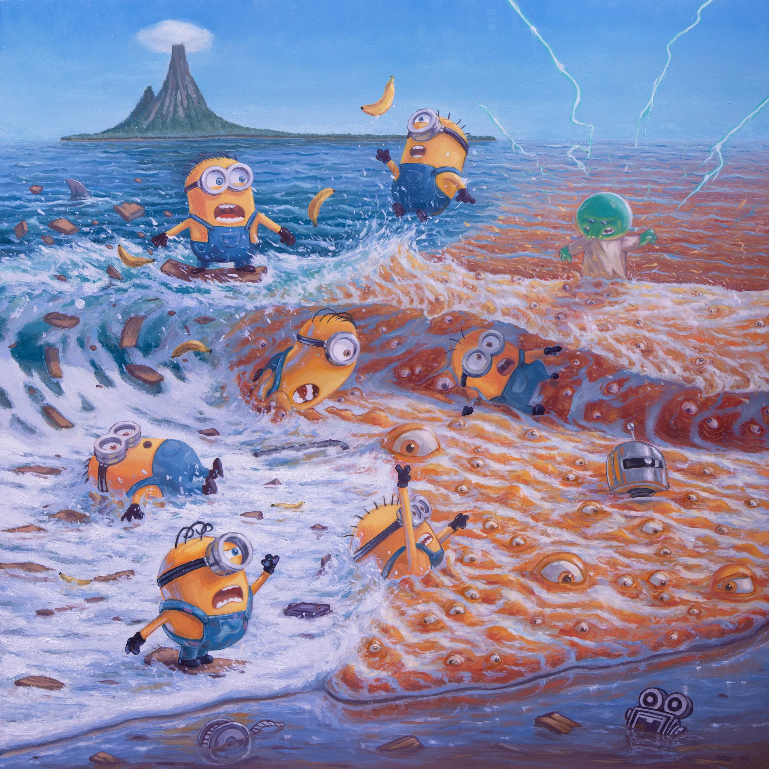 Painting of Minions in water at the beach with a volcano and lightning in the background.