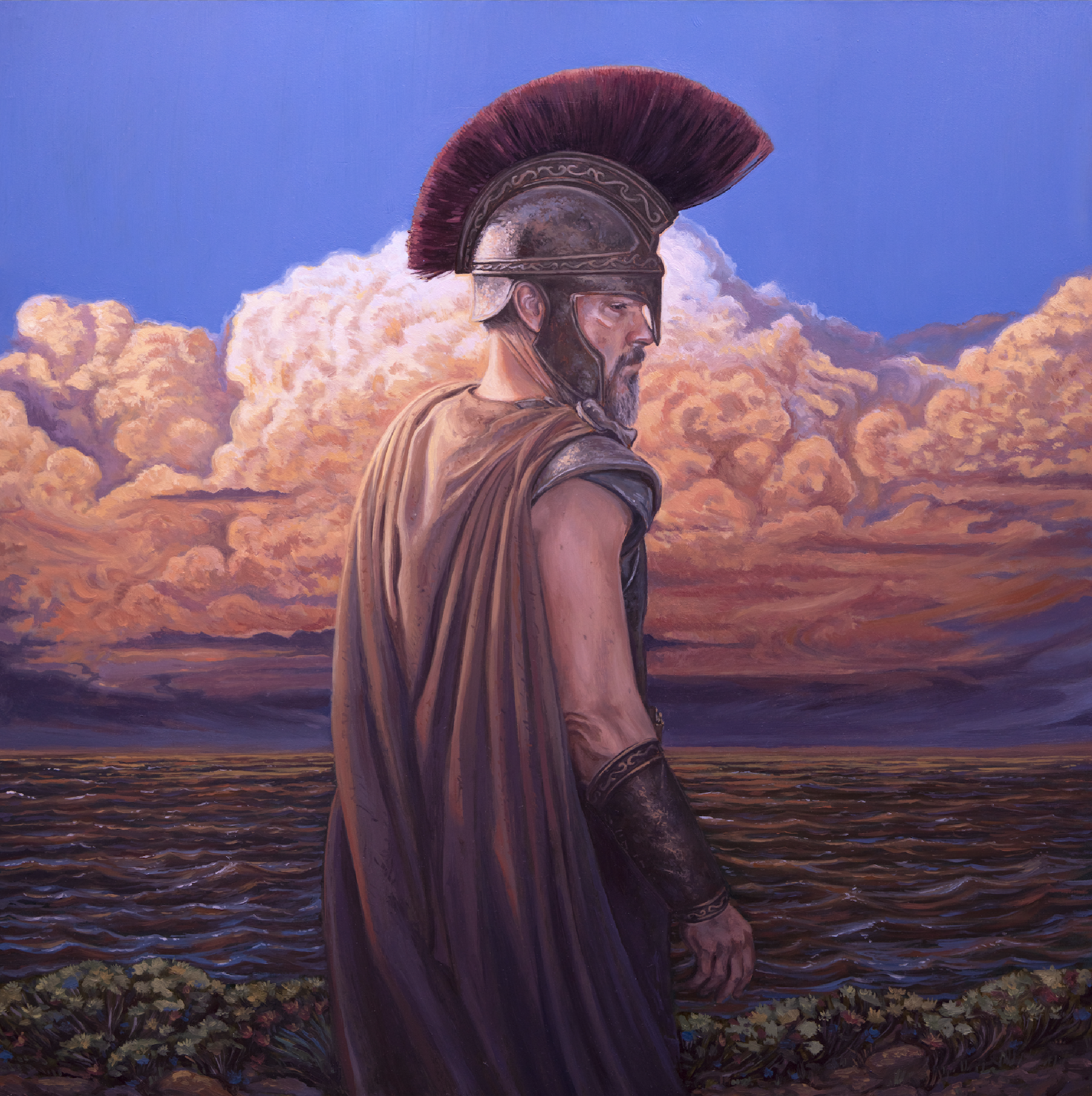 Painting of a man with a helmet and red plume, looking to the side, set against a background of clouds and a sunset over water.