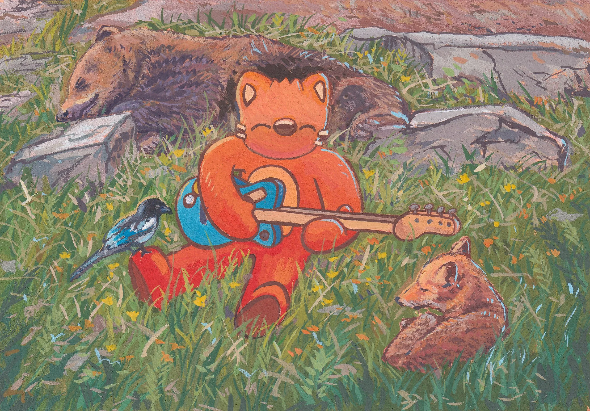 A colorful mural depicting a bear sleeping on the ground with a fox playing a guitar in front of it, a crow nearby, and a squirrel's tail visible on the right side of the image.