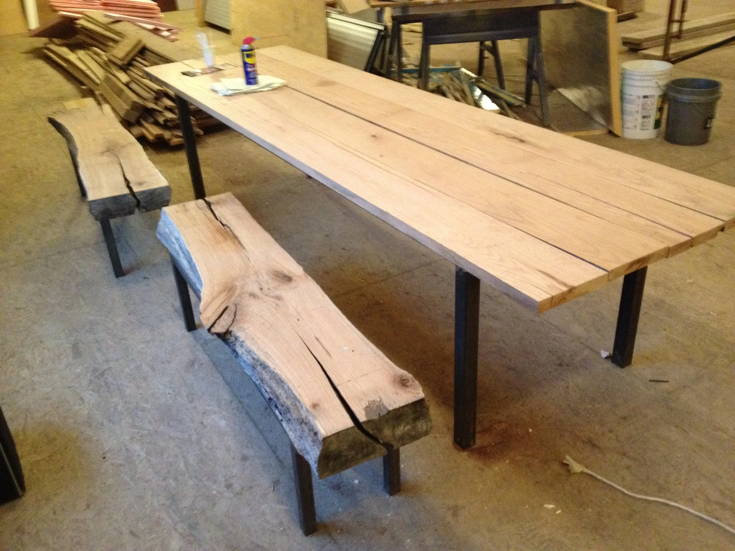 Steel and Red Oak Picnic Table and Benches 120" x 42" 