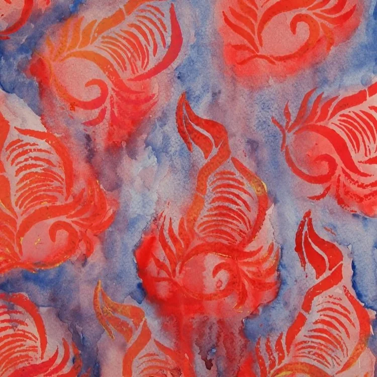 Woodblock and watercolor print of fish by Yesenia Huerta