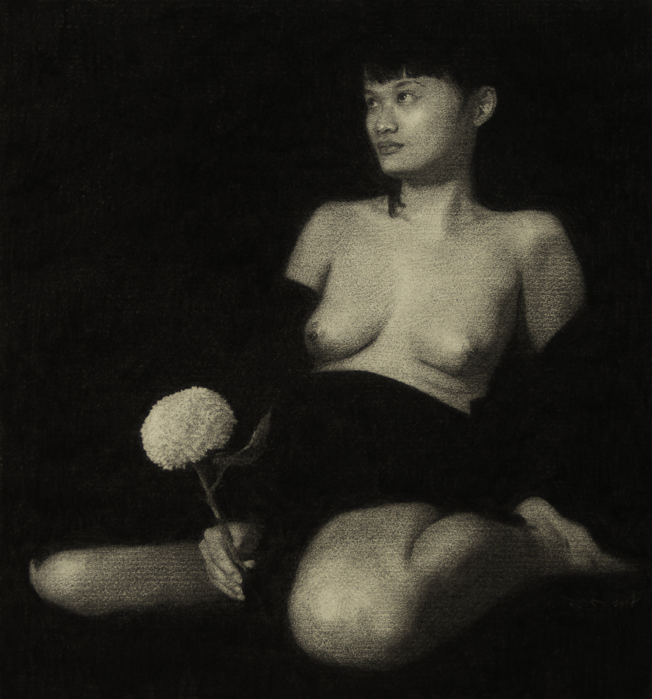   Nude with Pom Pom  2017 charcoal on paper, 36cm by 38cm 