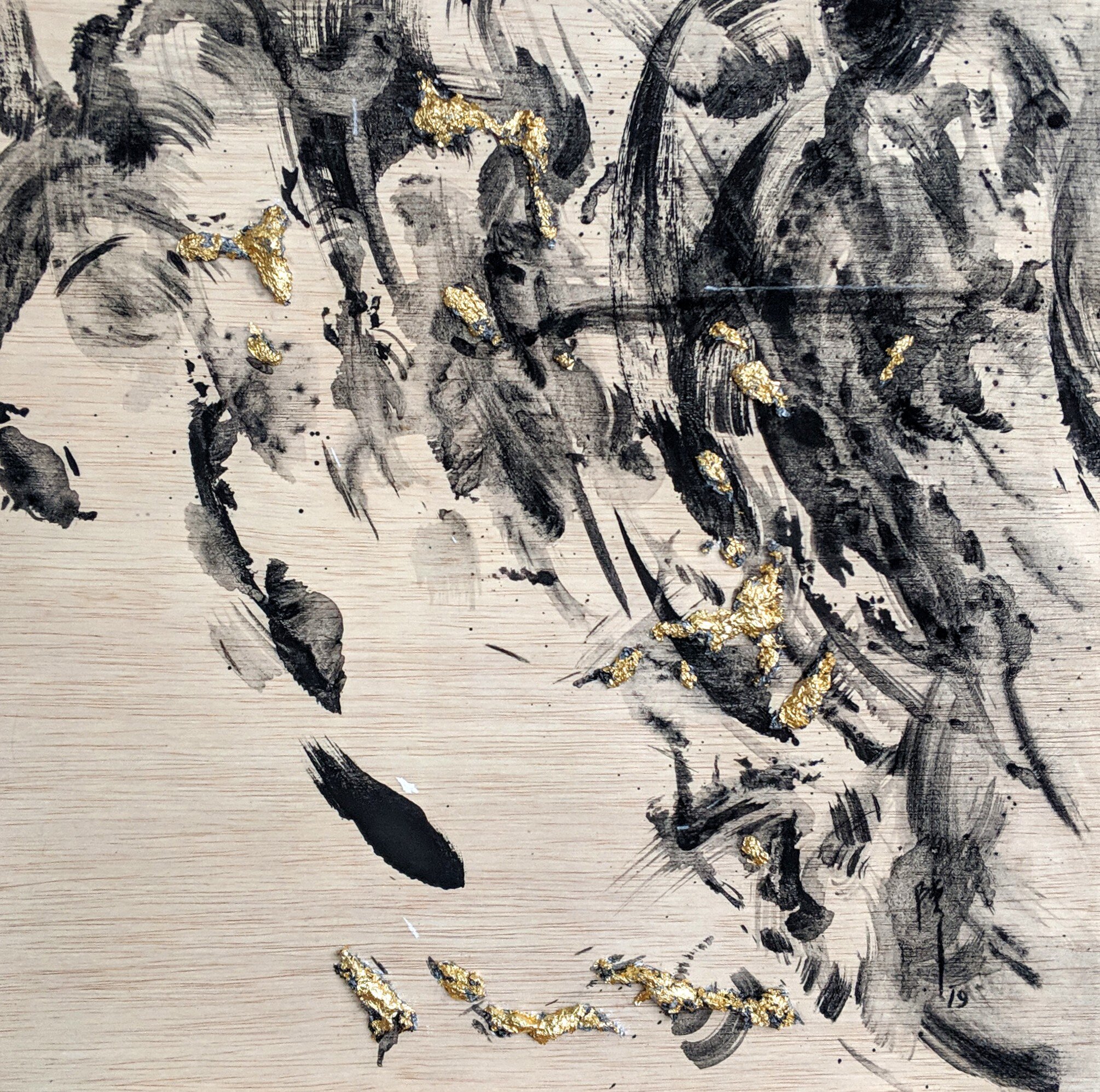   Skin Stories  2019     Charcoal, white chalk, gold leaf and primer on wood 