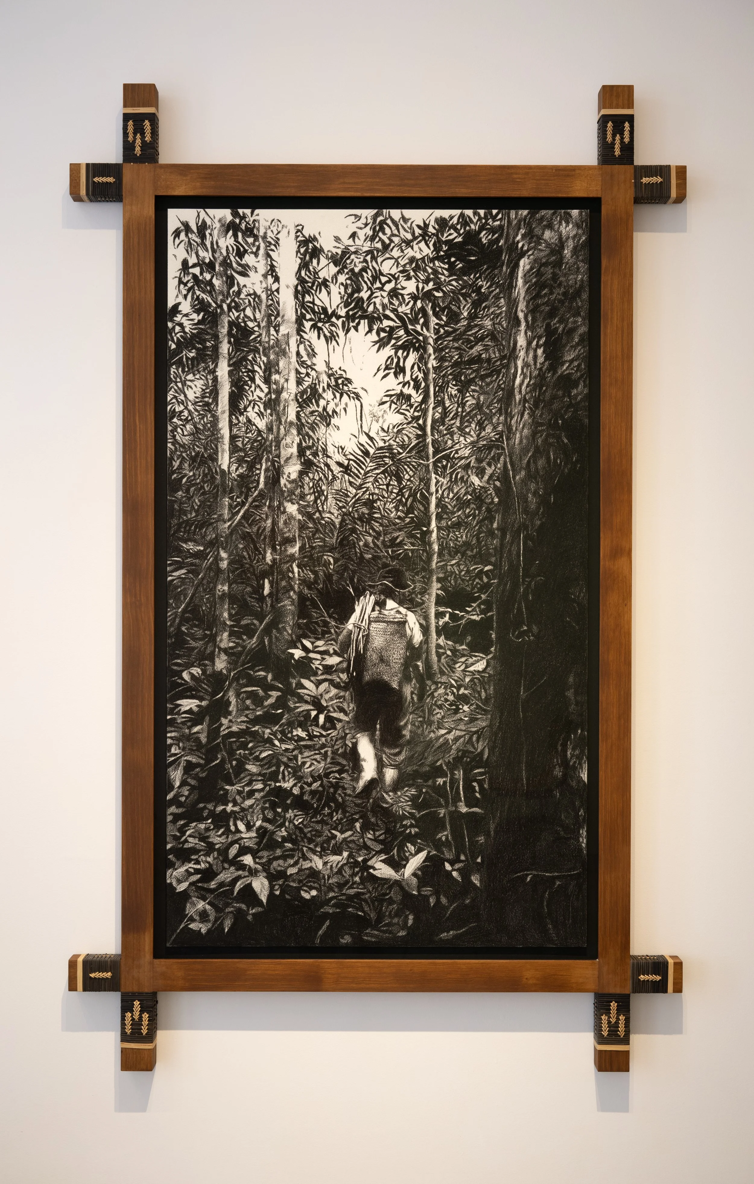   Rotan Rattan: Notions of Labour — Indai   2025 charcoal on paper set in wood and rattan 185cm x 115cm 