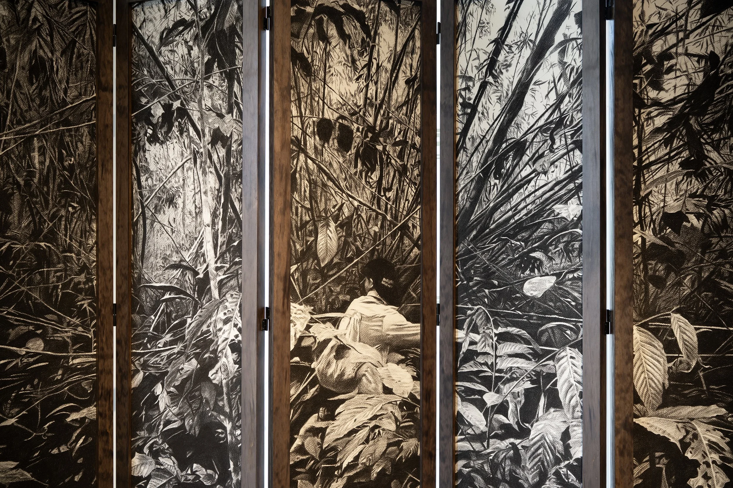 Rotan Rattan: Notions of Labour — Kapuas Hulu       (close-up) 2025 Charcoal on paper set in wood and rattan screen 184 x 246 x 4cm