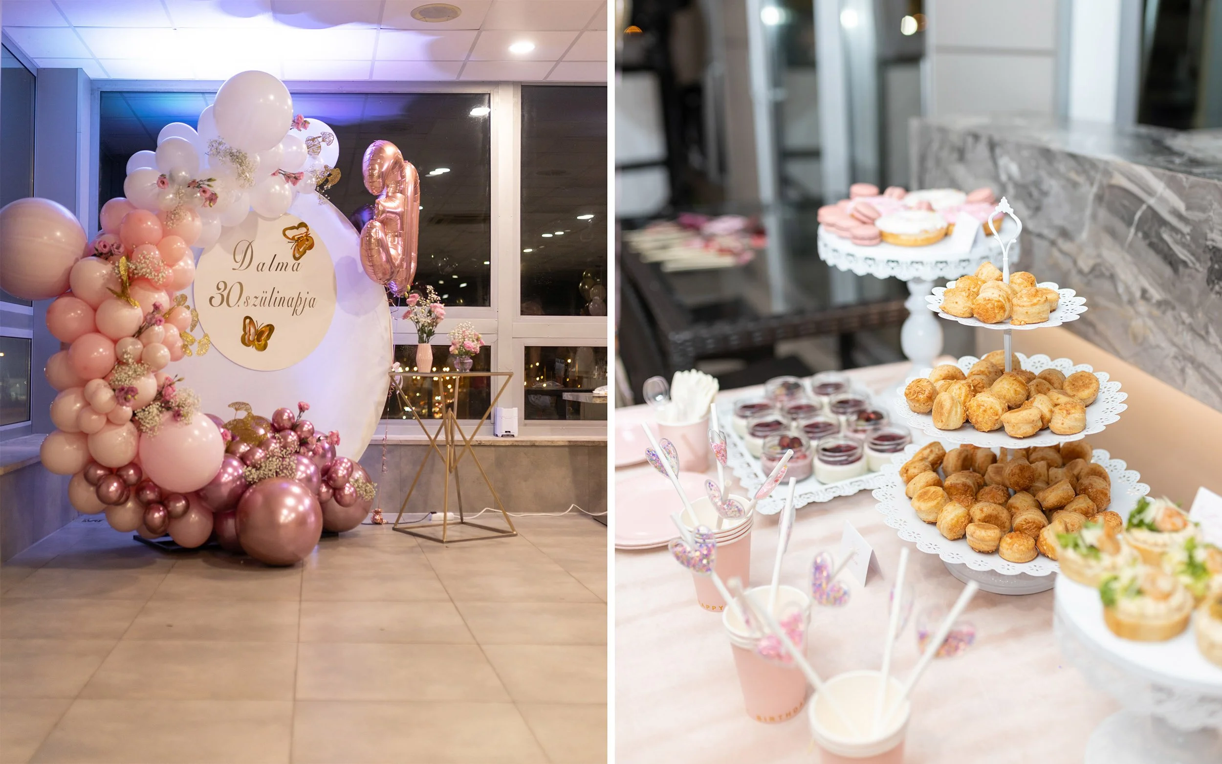 Left side: pink and white balloons arranged at a birthday celebration, with a sign that reads 'Dalma 30. szülinapja,' decorated with butterflies and flowers. Right side: a dessert table with pink macarons, small cakes, and assorted pastries, with pin
