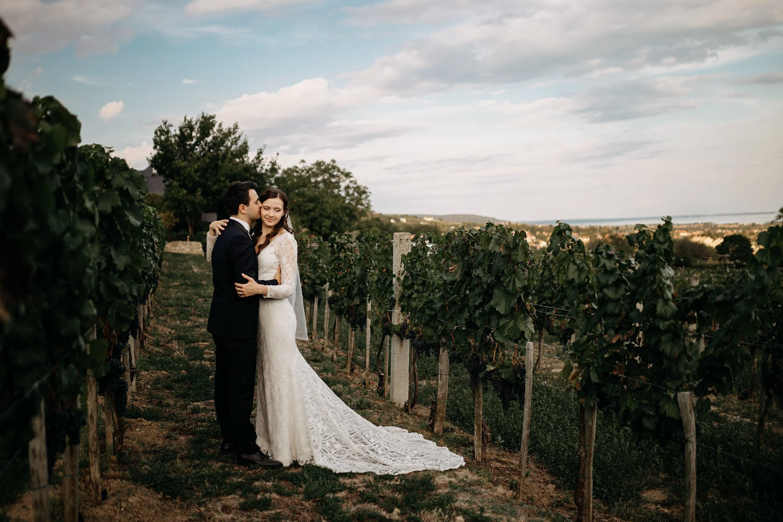 A bride and groom embrace in a vineyard, with the bride in a white lace wedding dress and the groom in a dark suit, surrounded by rows of grapevines under a partly cloudy sky.