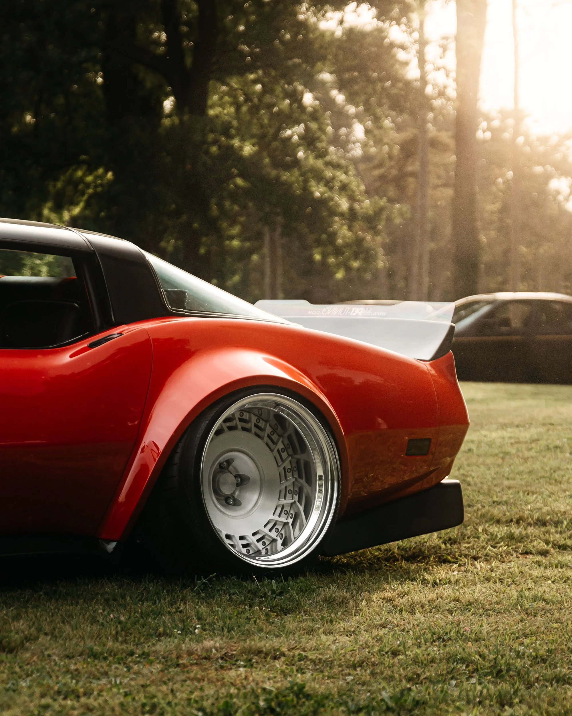 Close-up of a red sports car with a silver rim wheel, parked on grass with trees and sunlight in the background.