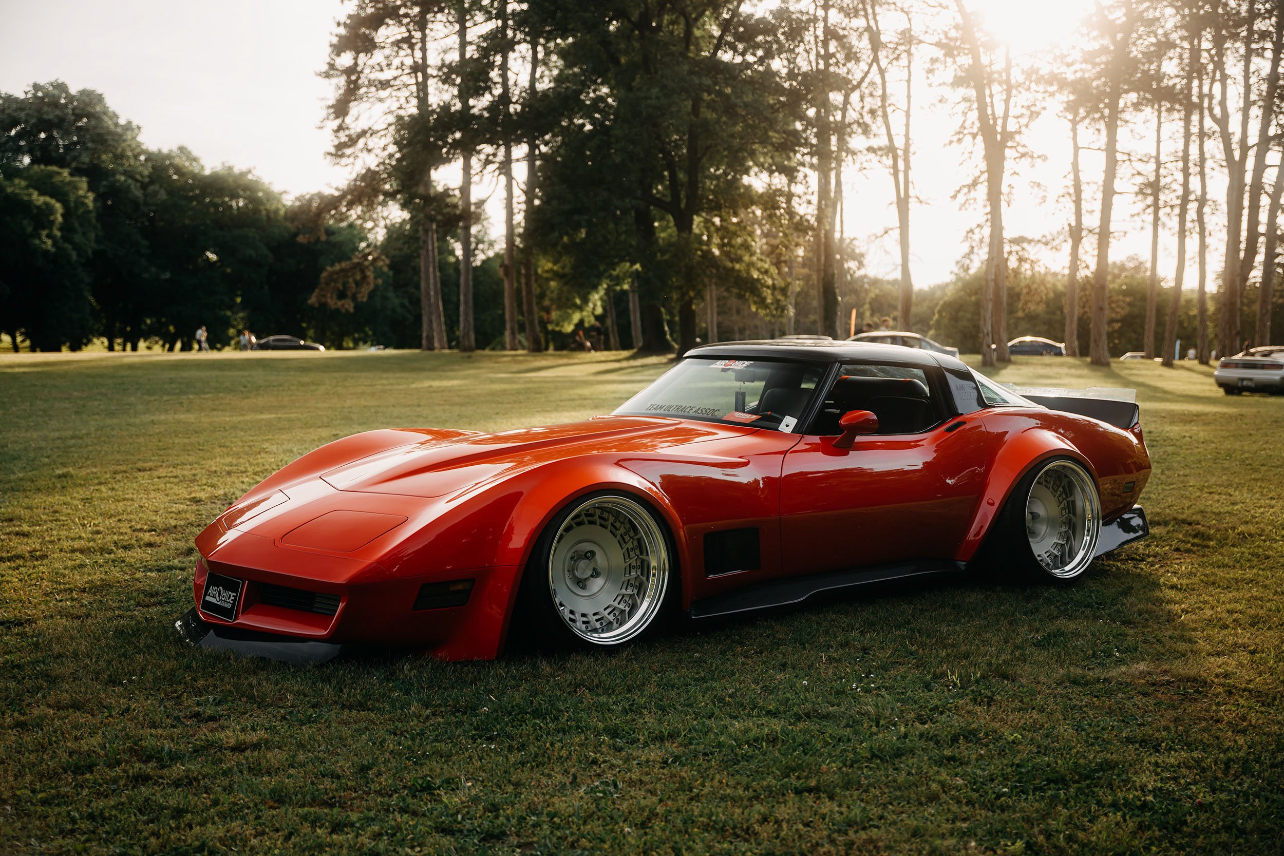 Red sports car parked on grassy field with trees and sunlight in the background.