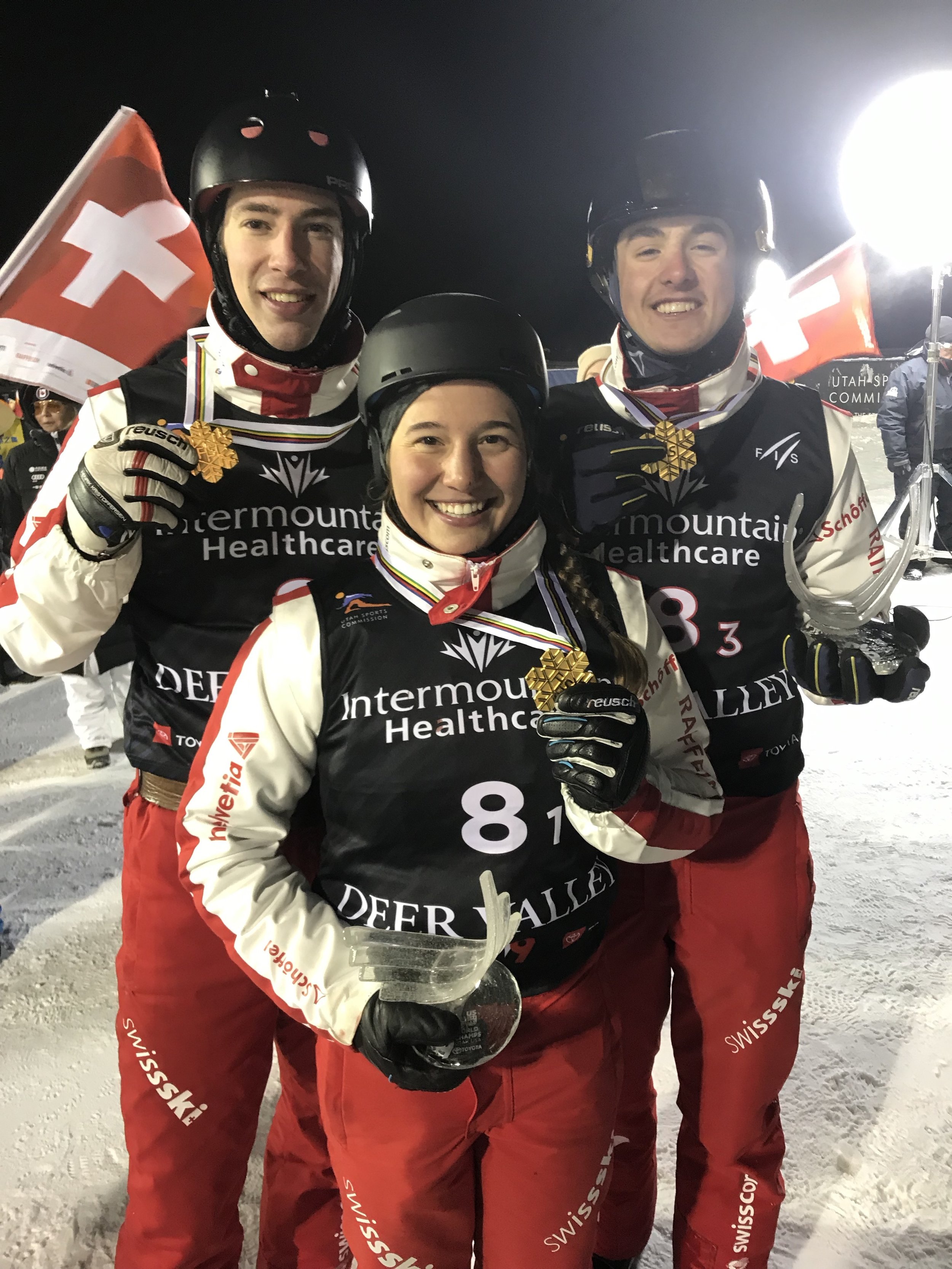 Die Weltmeister Carol Bouvard, Noé Roth, Nicolas Gygax.