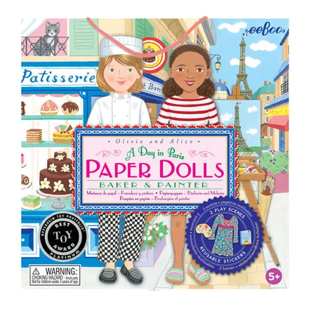 Paperdoll sets from Eeboo. Each contains two different dolls on thick paper, backgrounds, and clothes.