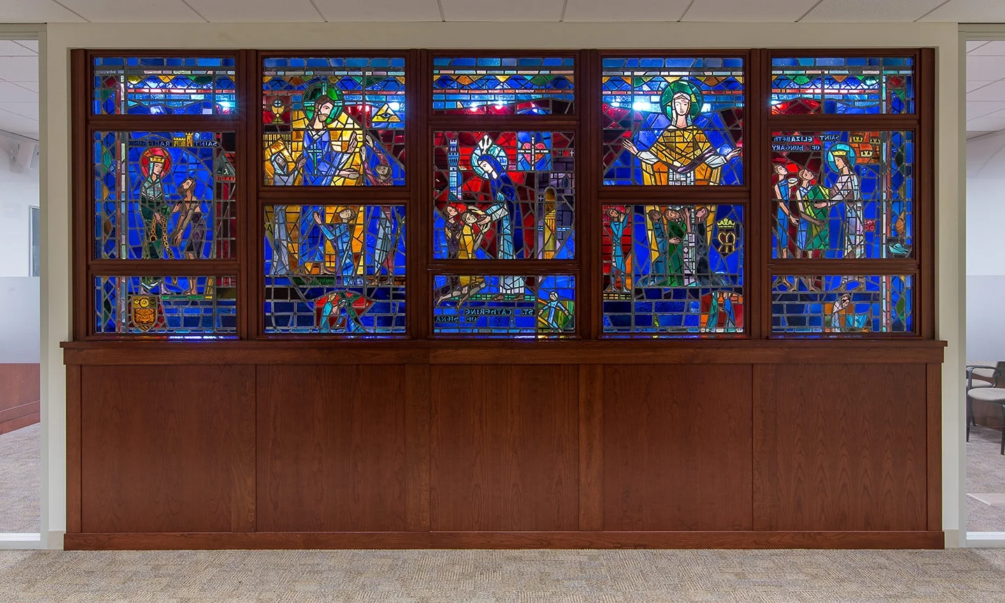 Connell School of Nursing relocated stained glass panels