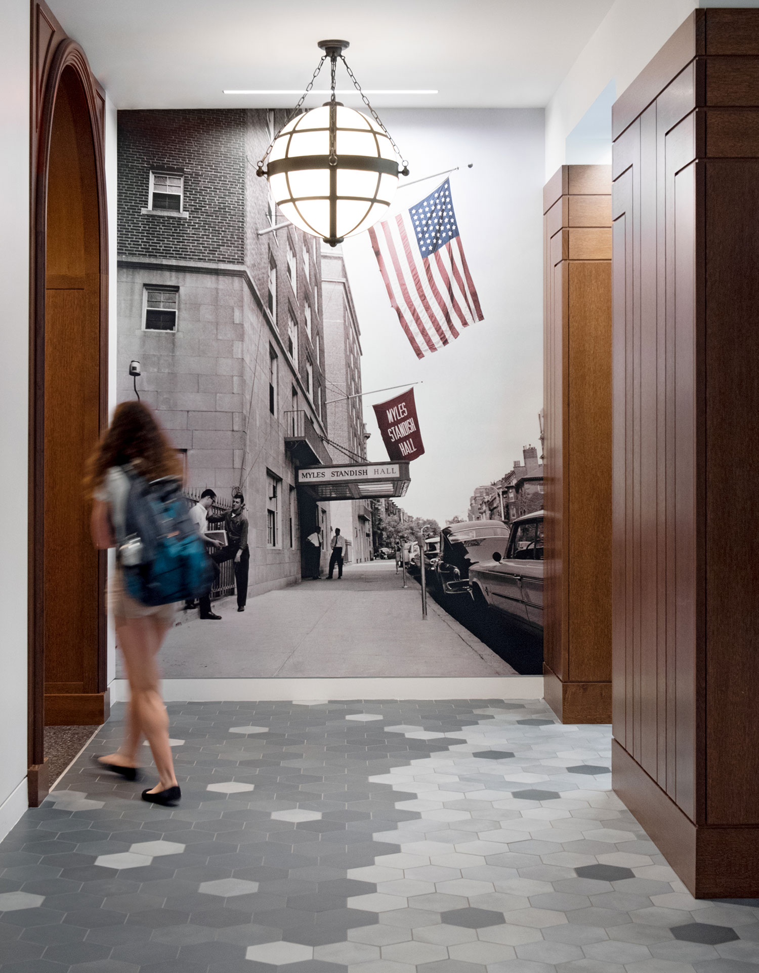 Historic photo mural in the lobby showing the original entrance