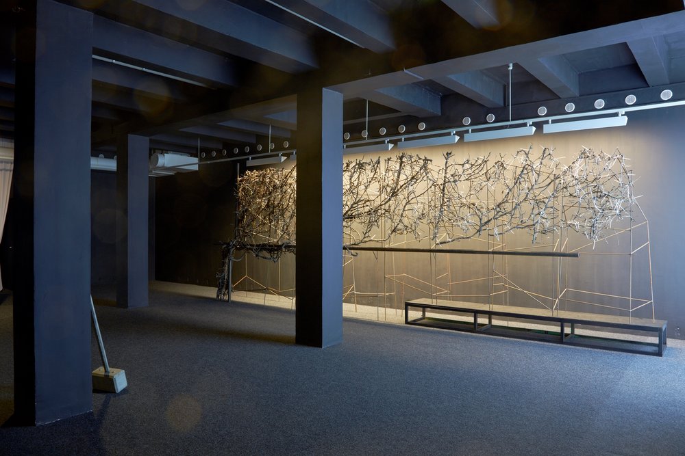 Finding 2014, ivy, reinforcing bar, metal, 713 x 285 x 70 cm, in Diorama, Trafó Gallery Budapest (H) 