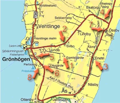 Map over southern Öland: The distance between Grönhögen and Enetri is 7 kilometers. Vedic Art courses in Enetri. Adress: Enetri 212, 386 64 Degerhamn. The course is located 200 metres north to this address. You will find a small road sign “Vedic Art”.