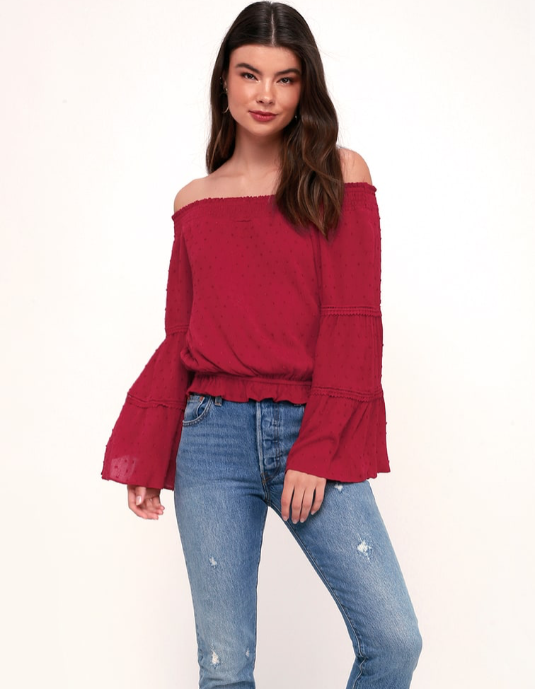 Lulu’s Boho Off-the-Shoulder Top in Dark Red, $44 Photo Credit: Lulus.com