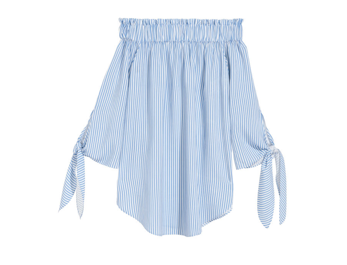 Off-the-shoulder top in blue/white stripes from H&M, $14.99 Photo Credit: H&M