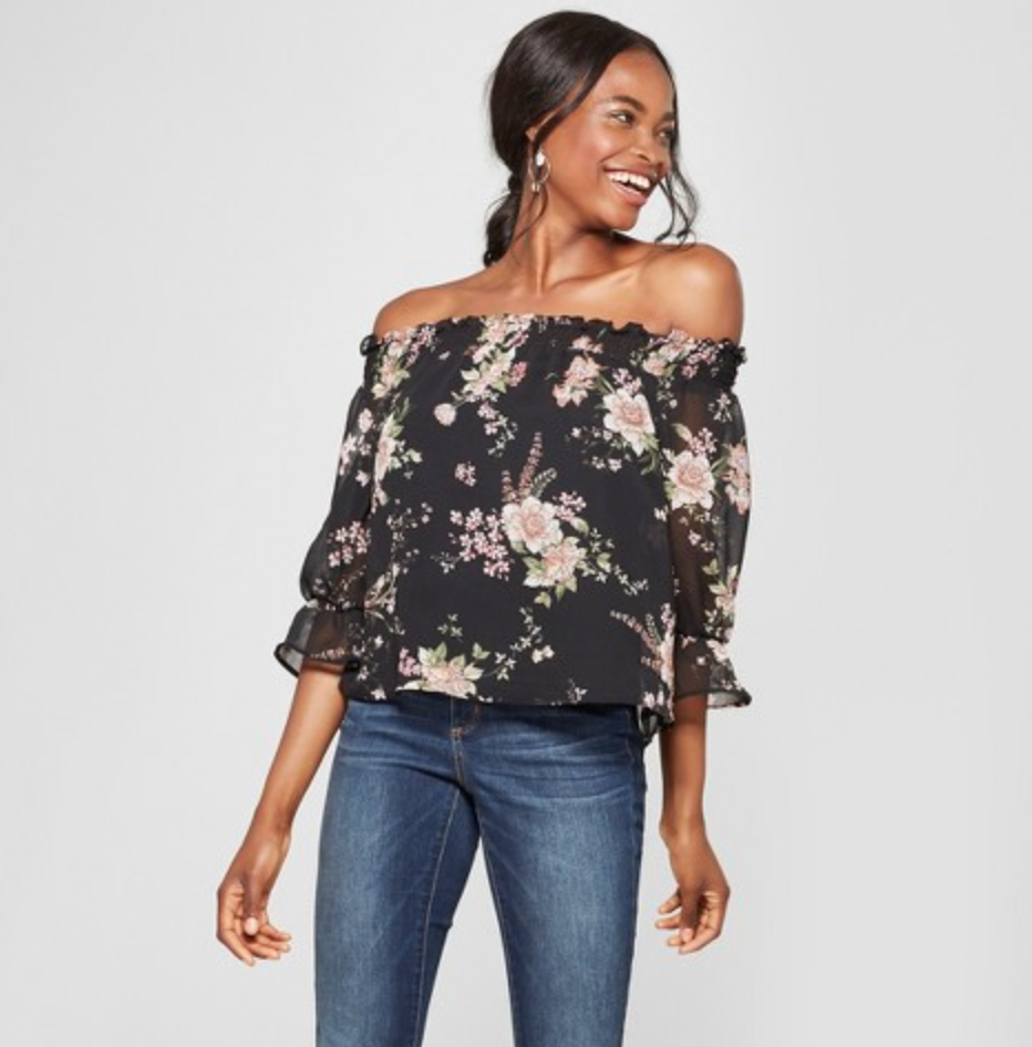 Women's Floral Print 3/4 Sleeve Off the Shoulder Top by Lily Black, $22.99 Photo Credit: Target