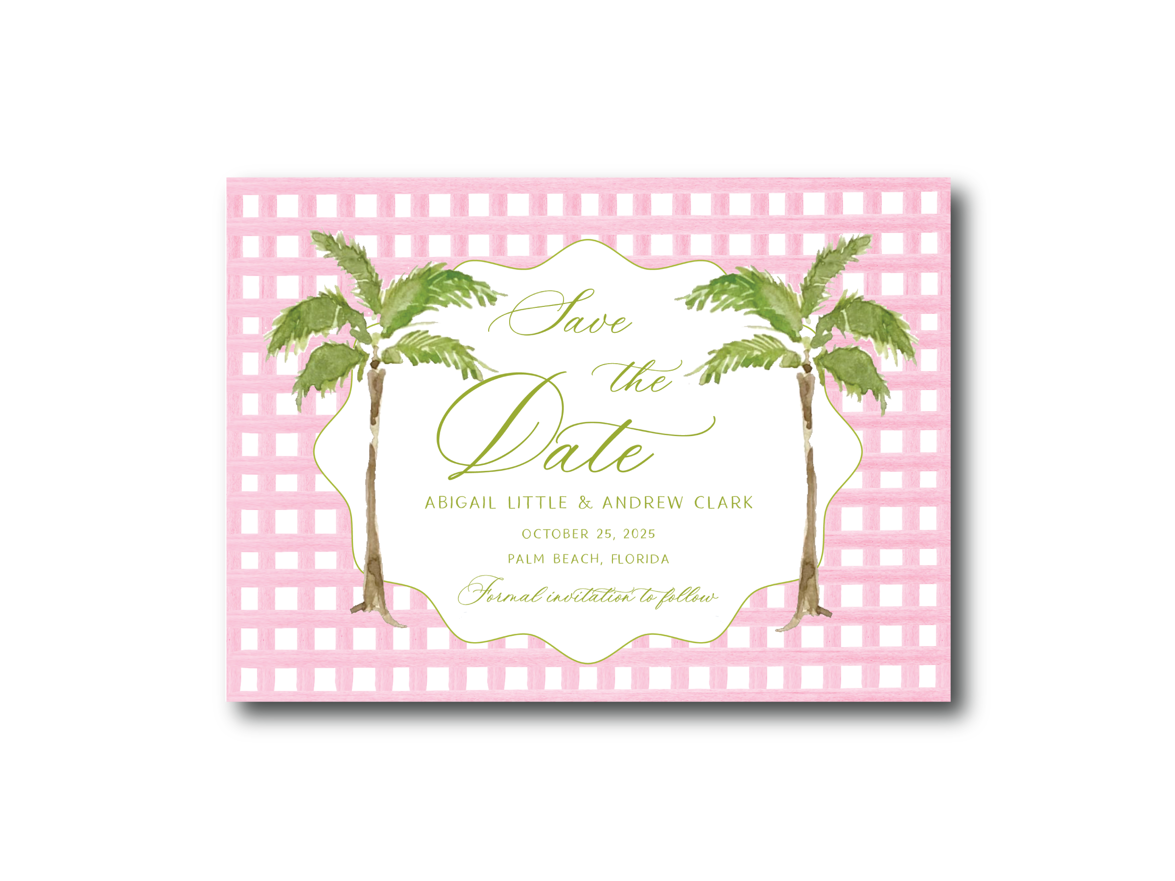 Gingham and Palm Trees Save the Dates