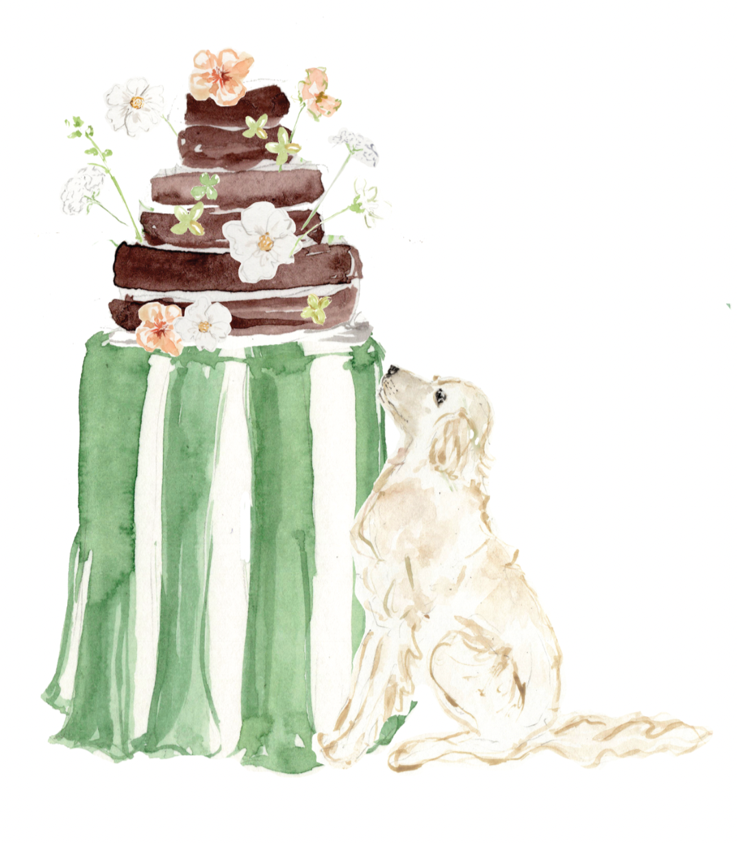 Custom illustration of a watercolor dog and wedding cake