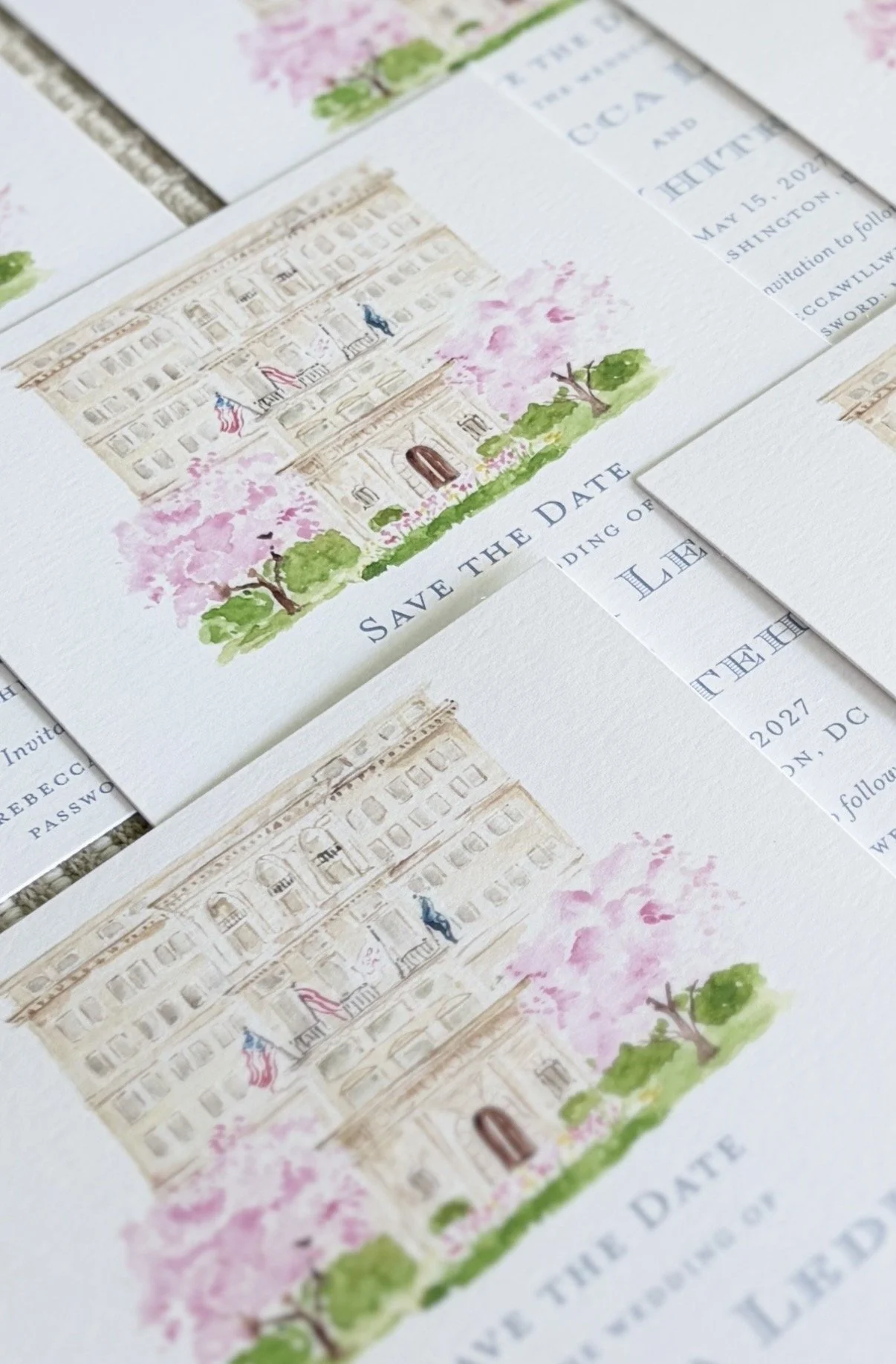 wedding save the date featuring a watercolor of the Hay Adams Hotel in Washington DC