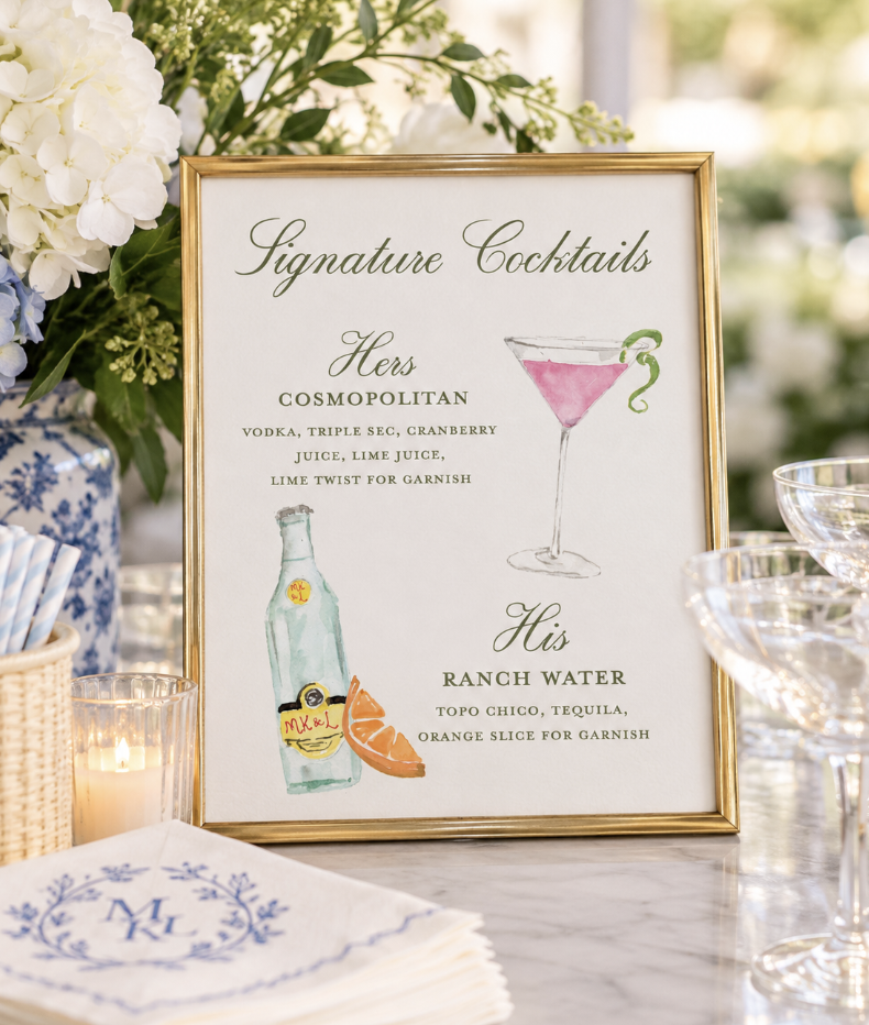 signature cocktail menu featuring a ranch water and a cosmopolitan