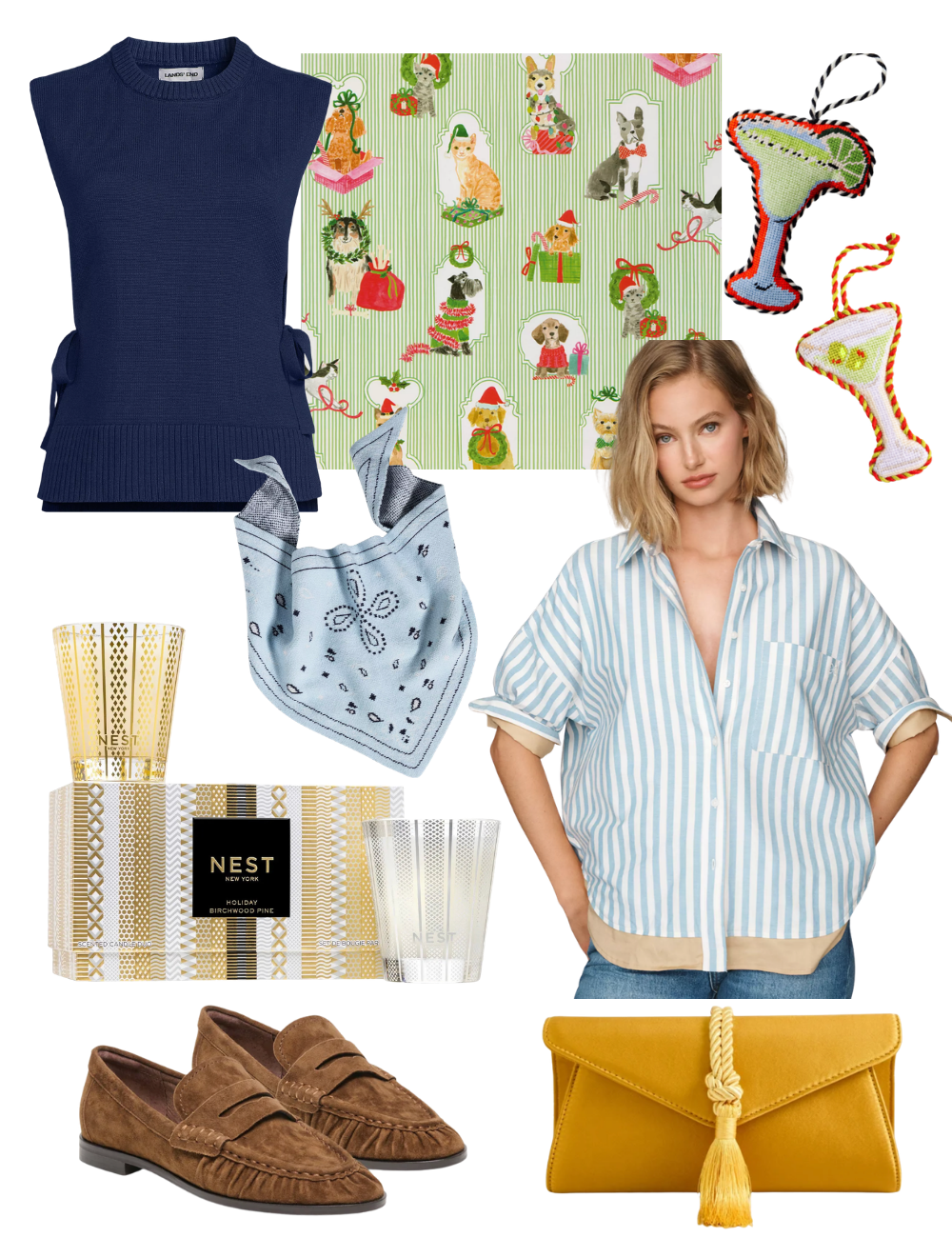 Collage of favorite finds for fall, sweater vests, dog wrapping paper, holiday candles and more