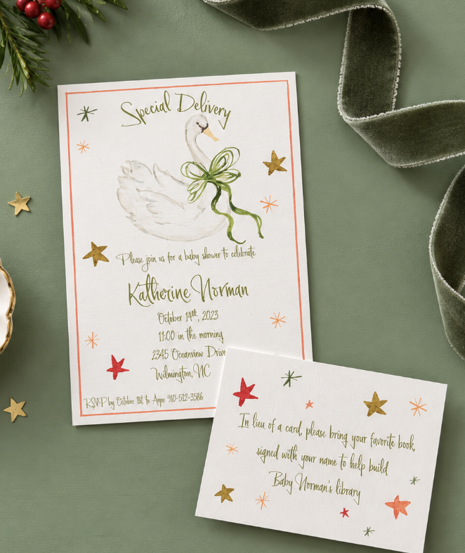 baby shower invitations with a watercolor swan and colorful stars