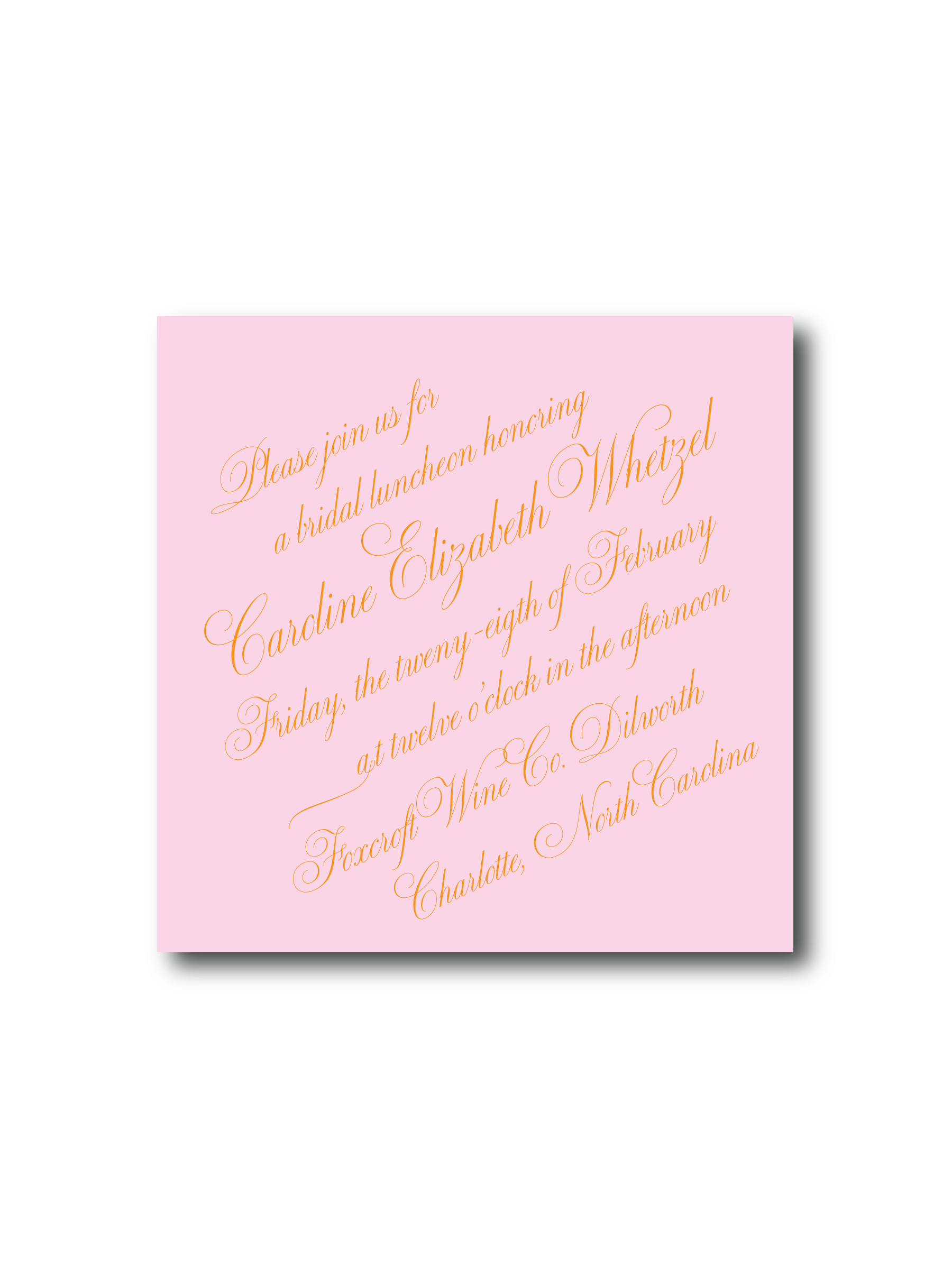 Semi-custom wedding invitation in pink and orange with elegant script text